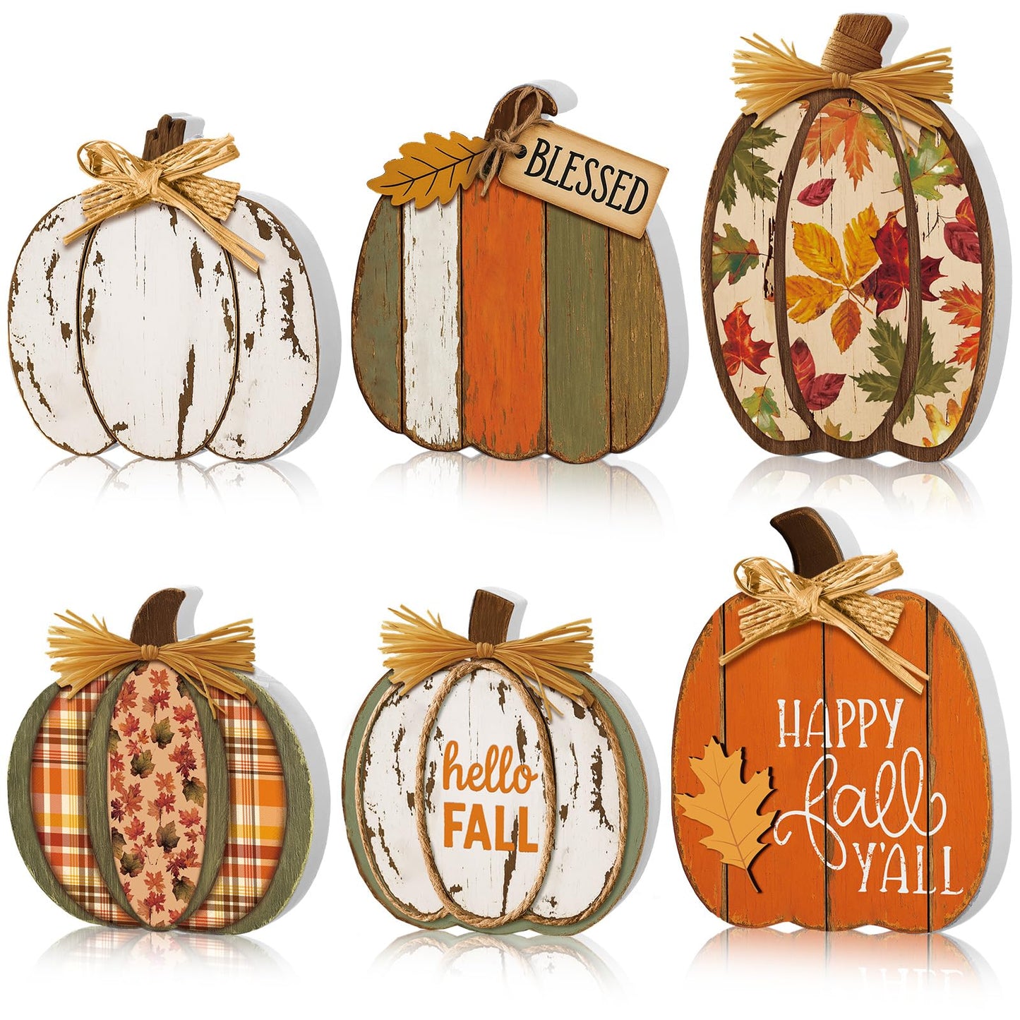 Leinuosen 6 Pcs Fall Pumpkin Decor Wooden Block Sign Fall Tiered Tray Decor for Home Autumn Table Centerpieces Decorations for Thanksgiving Harvest Table Mantel(6 Pcs,Pumpkin)