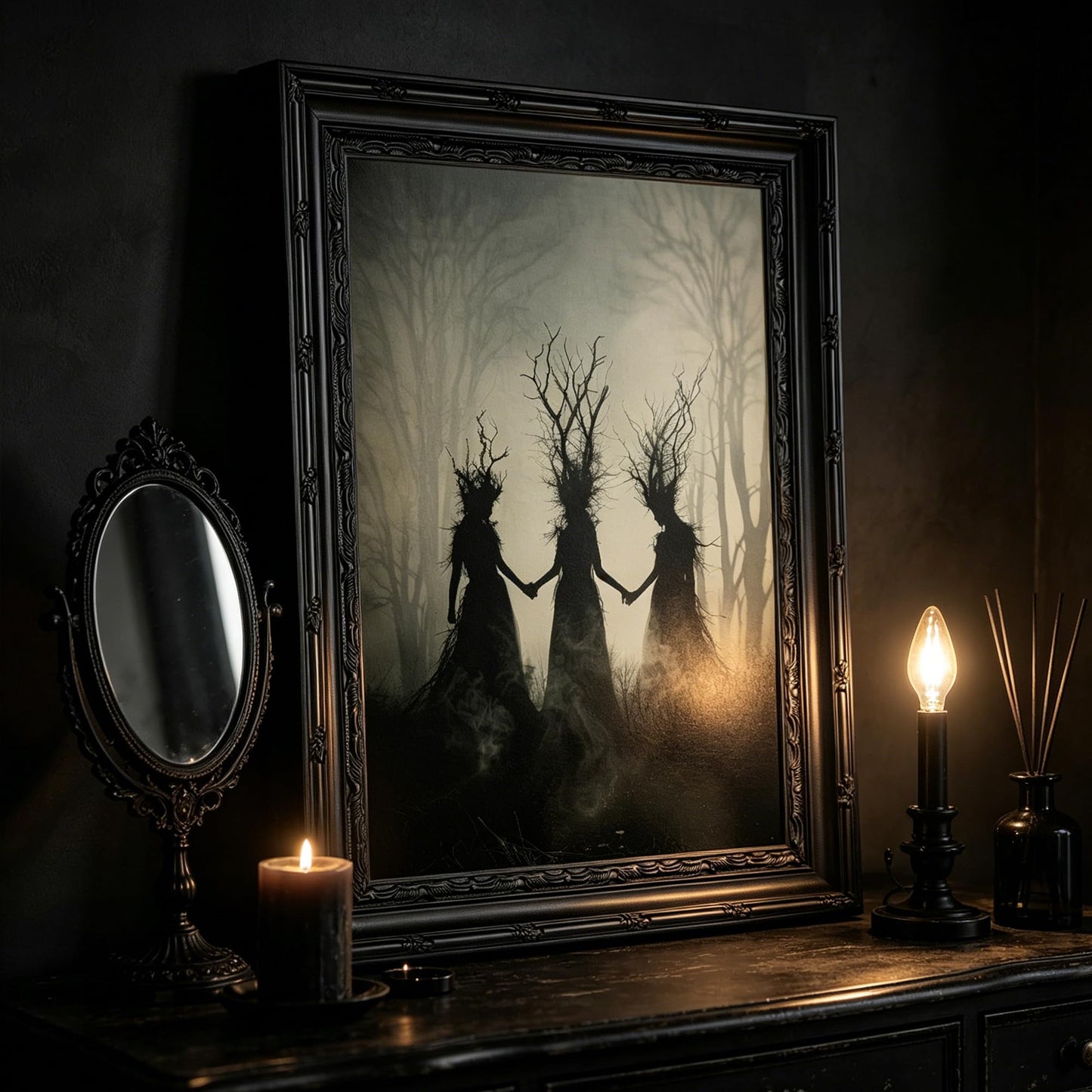 Framed Witch Canvas Wall Art,Occult Painting Picture Wall Decor,Dark Moody Poster Print Artwork,for Bedroom Living Room Halloween Party Home Decoration 9x11in