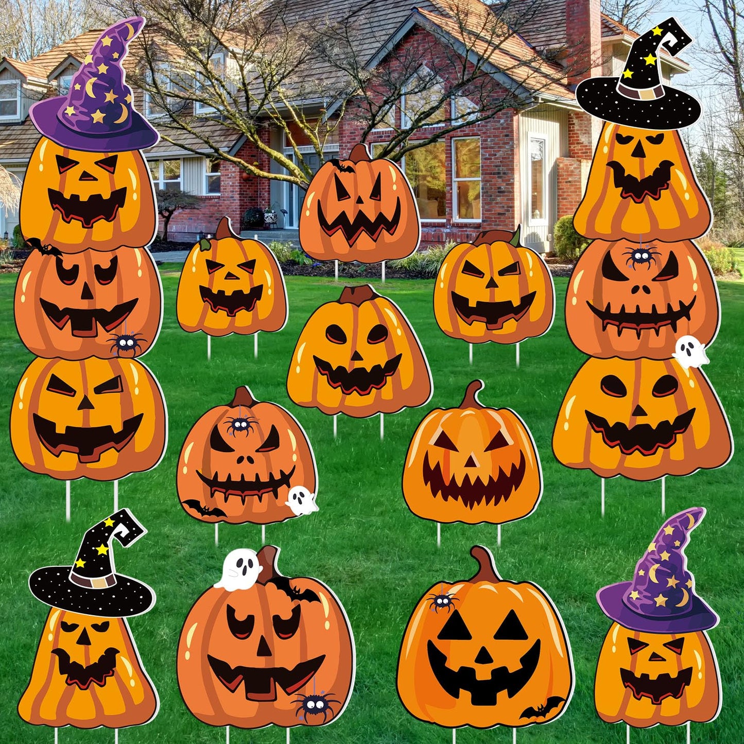 Amyhill 12 Pcs Halloween Pumpkin Yard Signs for Outdoor Spooky Ghost Jack O 16 Pcs Pumpkin with Witch Hats Lawn Stakes Trick or Treat Yard Decorations for Halloween Garden Stack Prop Home Party Decor