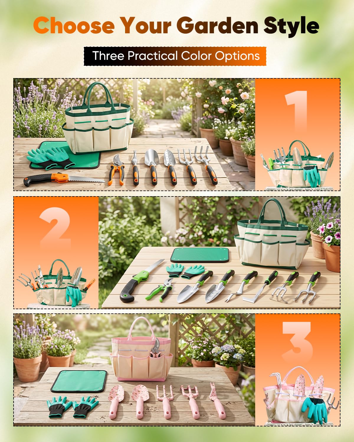 Garden Tool Set Gardening Tools - Heavy Duty Aluminum Tool Kit with Non-Slip Handle, Gardening Gloves and Tool Bag for Weeding, Planting and Pruning, Gifts for Women Mom (Orange Set)
