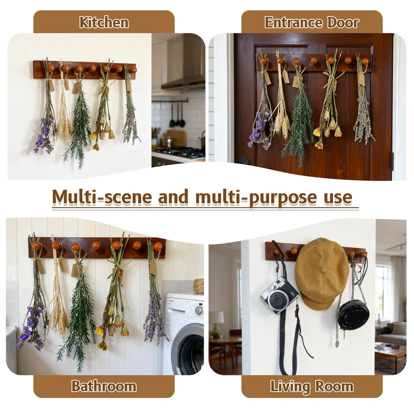 Tnstbiee Rustic Hanging Herb Drying Rack–Space-Saving Design Holds 7 Bouquets,Fits Window,Door Kitchen Areas-Great for Kitchen Witches Herb Display-Unique Gift for Gardening Enthusiasts-Wall Art Décor