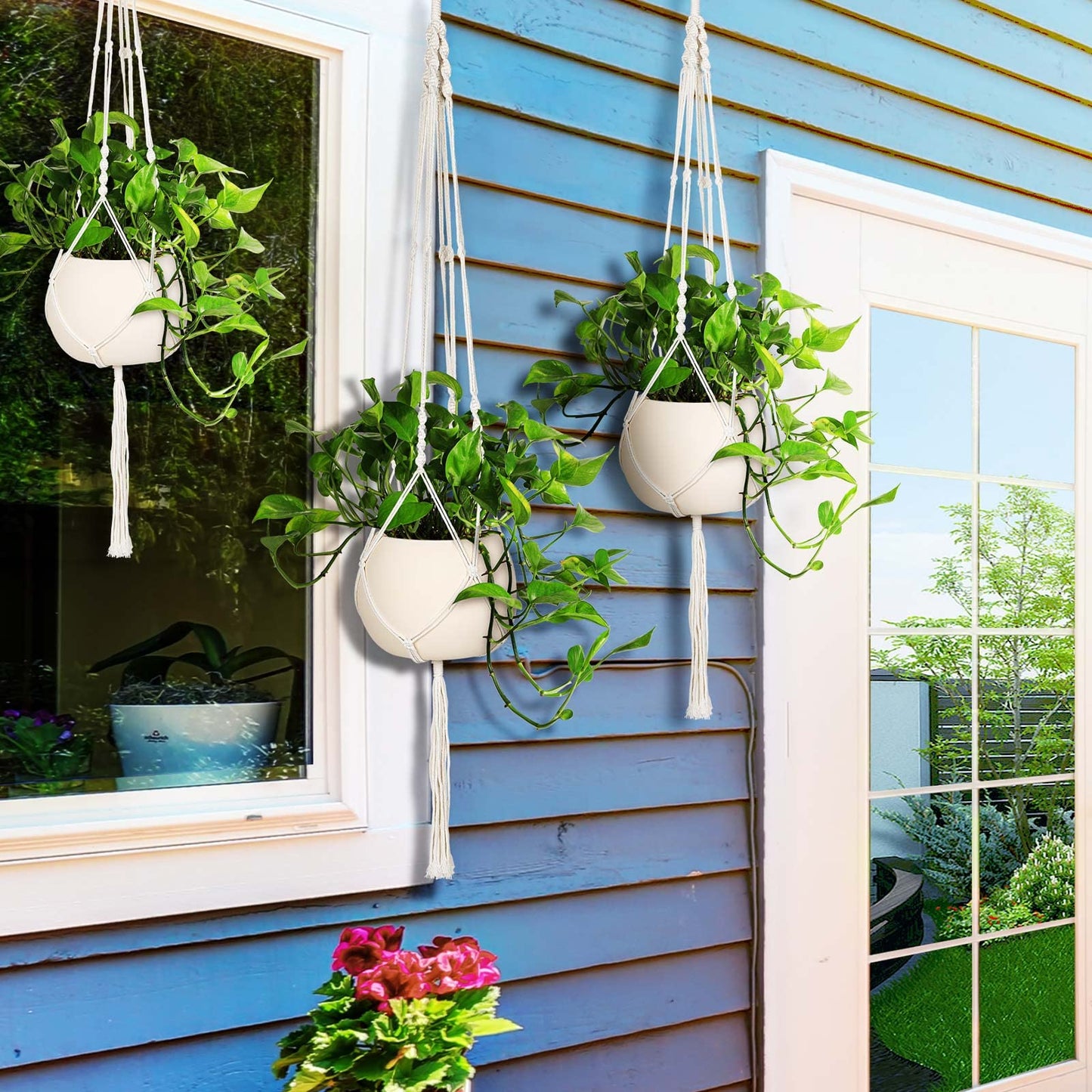 MIPON 3 Pack Macrame Plant Hangers with Hooks - 3 Sizes (34"/41"/46") Handmade Cotton Indoor/Outdoor Hanging Planter Holders,Boho Home Decor for Patio Balcony Living Room, Fits 5-10 Inch Pots