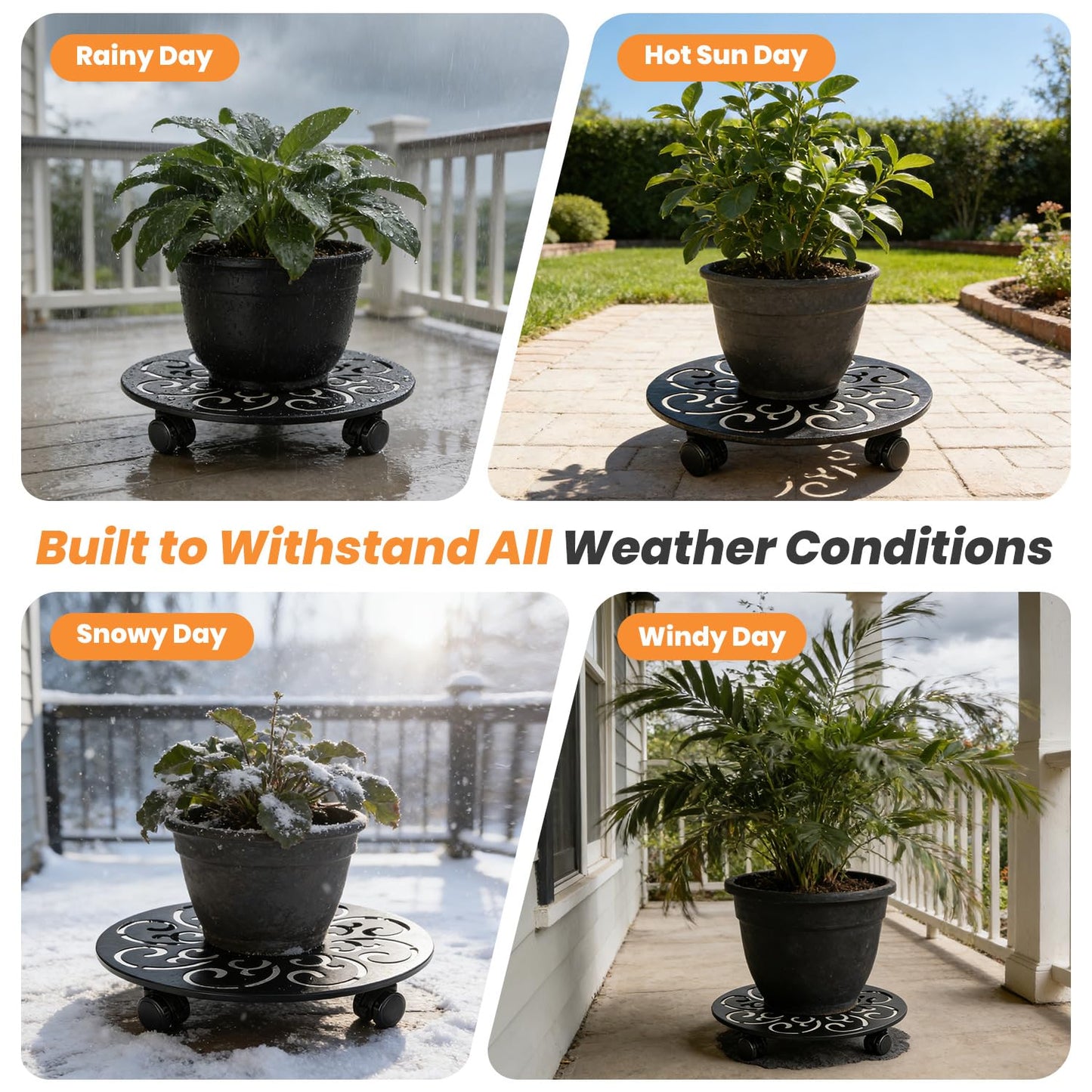 4-Pack 12 Inch Metal Plant Caddy with Wheels Large Heavy-duty Rolling Plant Stands Wheeled Planter Dolly Flower Pot Mover Rollers Rust-proof Garden Coasters Trolley for Indoor Outdoor Use