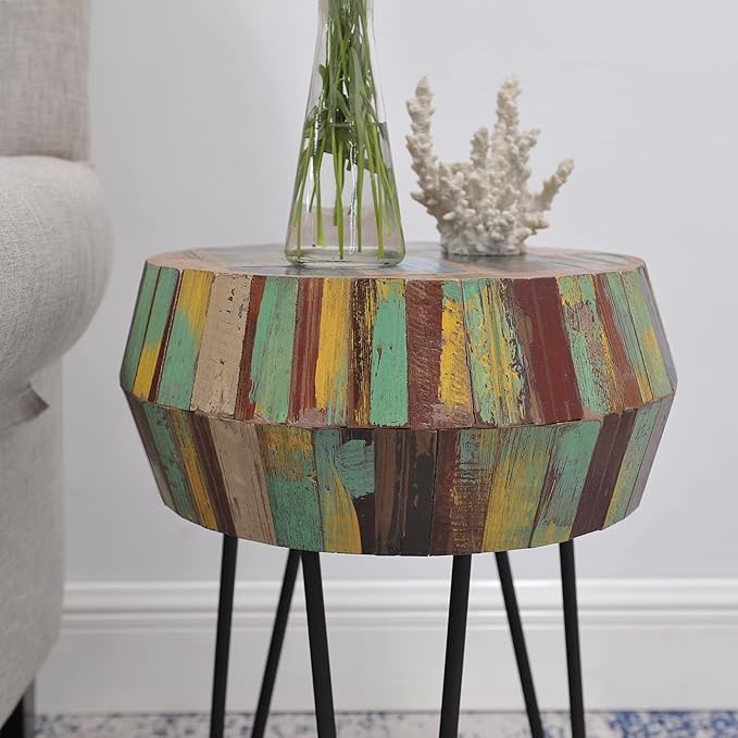 Drum Round Wood Side Table 16" x 16" x 21" H Reclaimed Rustic Multicolor Patio