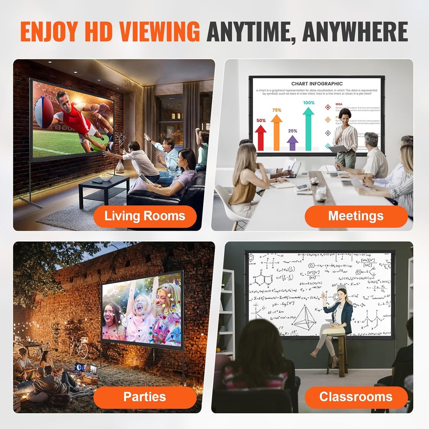 VEVOR Projector Screen with Stand, 100 inch 16:9 4K 1080 HD Outdoor Movie Screen with Stand, Wrinkle-Free Projection Screen with Bar Feet and Carry Bag, for Home Theater Cinema Backyard Movie Night