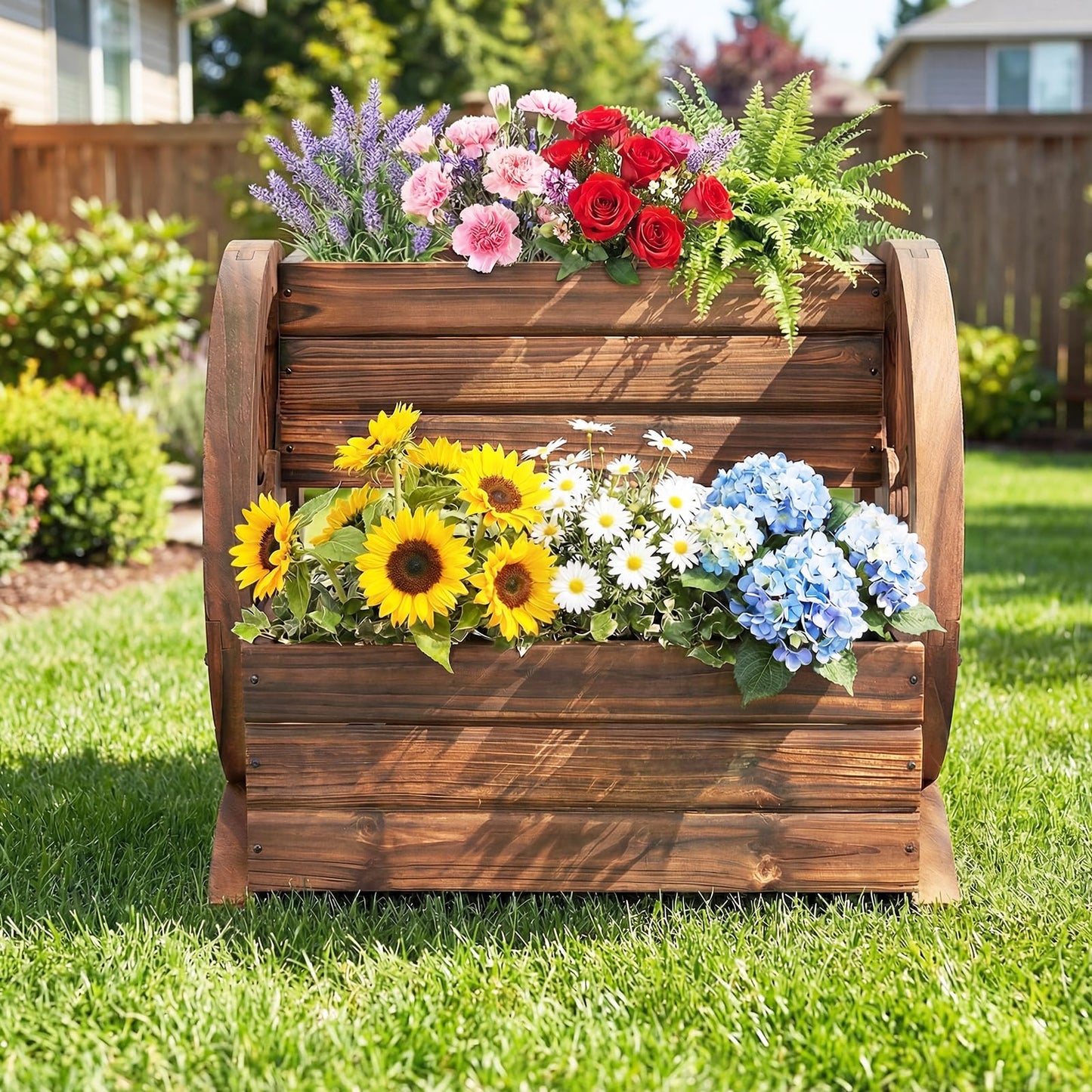Byroce Wooden Wagon Planter Box, 2-Tier Raised Garden Bed with Drainage Holes for Flowers, Vegetables & Herbs, Indoor Outdoor Decorative Wheel Cart for Patio, Yard & Balcony, Rustic (1)