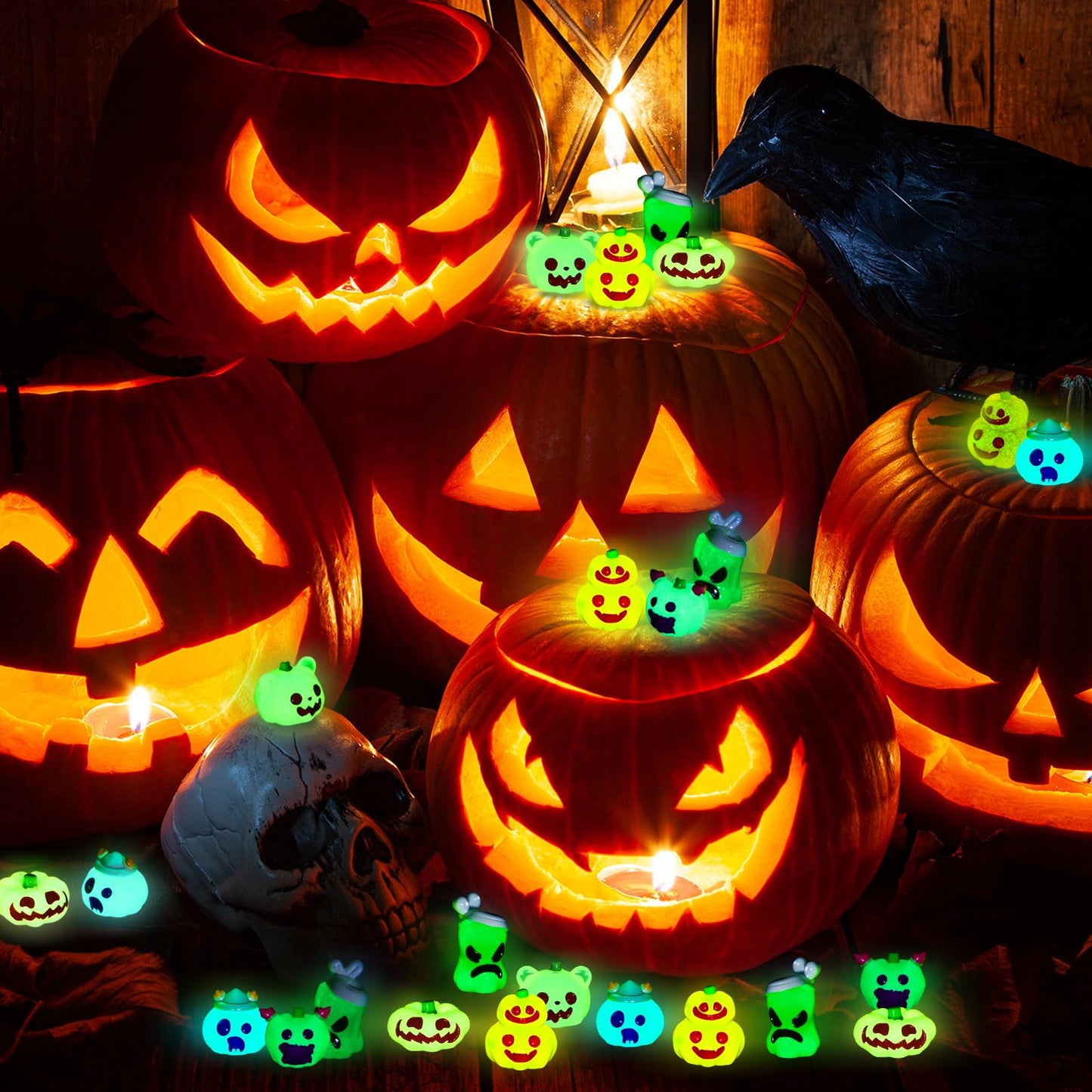 Seenelling 72 Pcs Halloween Mini Pumpkins Ghost Figures Luminous Small Resin Pumpkin Cute Miniature Ghost Ornament Glow in Dark for Halloween Garden Decoration Crafts