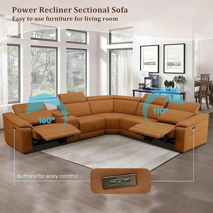Power Recliner Sectional Sofa, L-Shaped Living Room Furniture Set, Light Brown