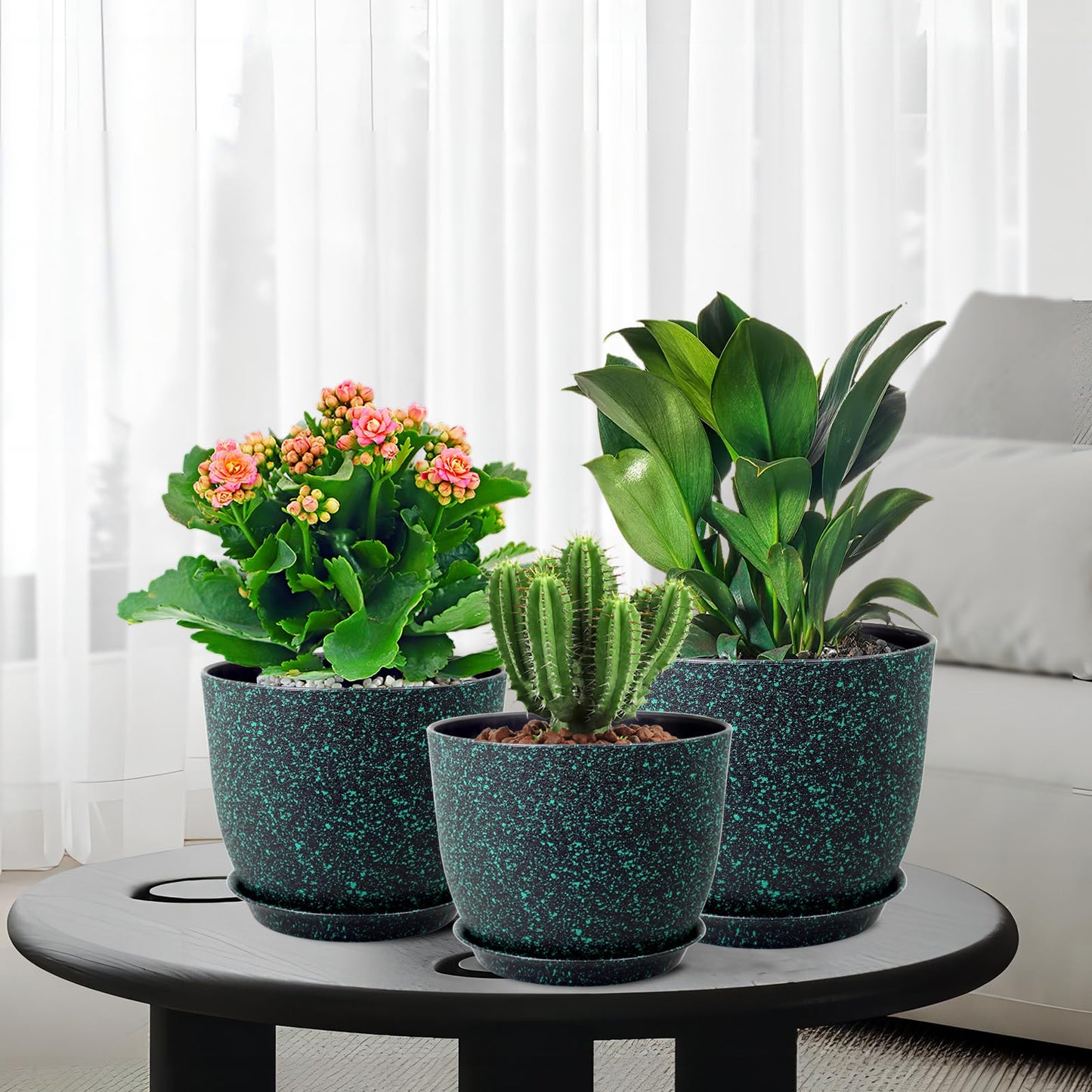 WSMKSZ Plant Pots 10/9/8 inch, Set of 3 Modern Decorative Plastic Planters with Drainage Holes and Saucers for Garden House Plants, Flower Pots for Indoor Outdoor Plants, Black with Green Speckles