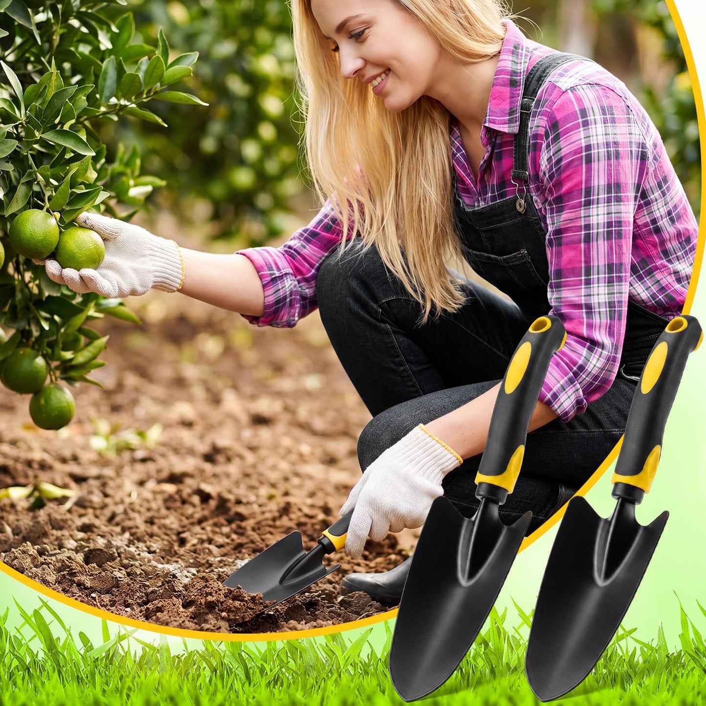 Yaocom 12 Pcs Garden Shovel Aluminum Alloy Heavy Duty Trowel Small Digging Shovels Metal Hand Trowel Spade with Soft Handle for Garden Lawn Yard Planting Tool (Large Shovel,Yellow)