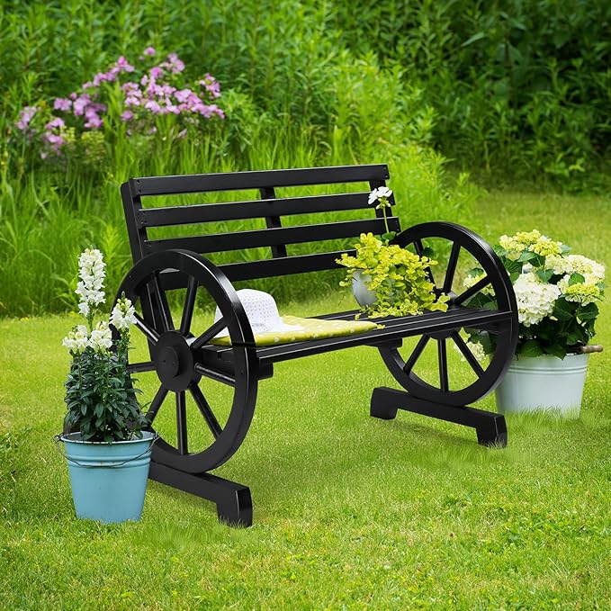 VINGLI Rustic Wooden Wheel Bench Outdoor Bench, Patio Bench Wagon Slatted Seat