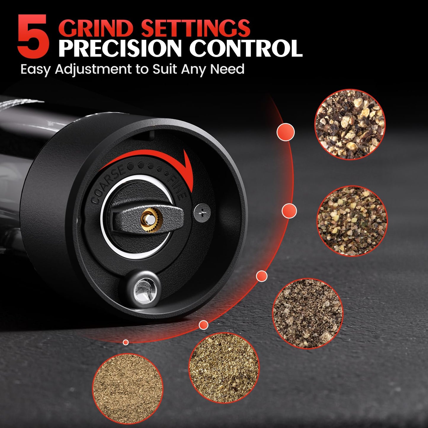 Electric Salt and Pepper Grinder Set Automatic Battery Pepper Mill Shakers Adjustable Coarseness Easy Filling Upgraded Larger Capacity with Led Kitchen Appliances (2 Pack Black/Black)