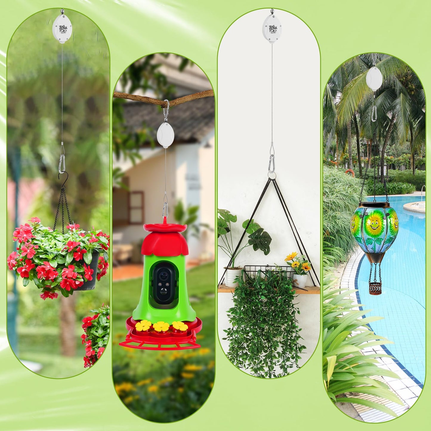 Plant Pulleys for Hanging Plants, Heavy Duty Retractable Hangers, 304 Stainless Steel Rope, Auto Plant Holder, Adjustable Climbing Hook for Garden Baskets Watering, or Bird Feeders 2PC (White)