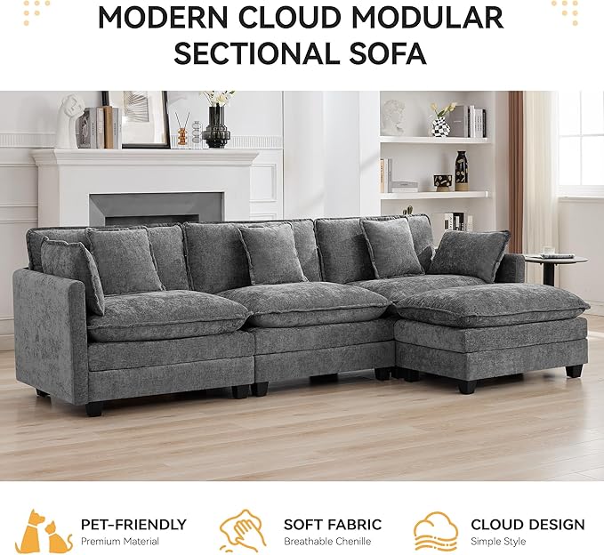 111'' Sectional Cloud Deep Seat Couch, Modern Comfy Chenille L Shaped Sectional