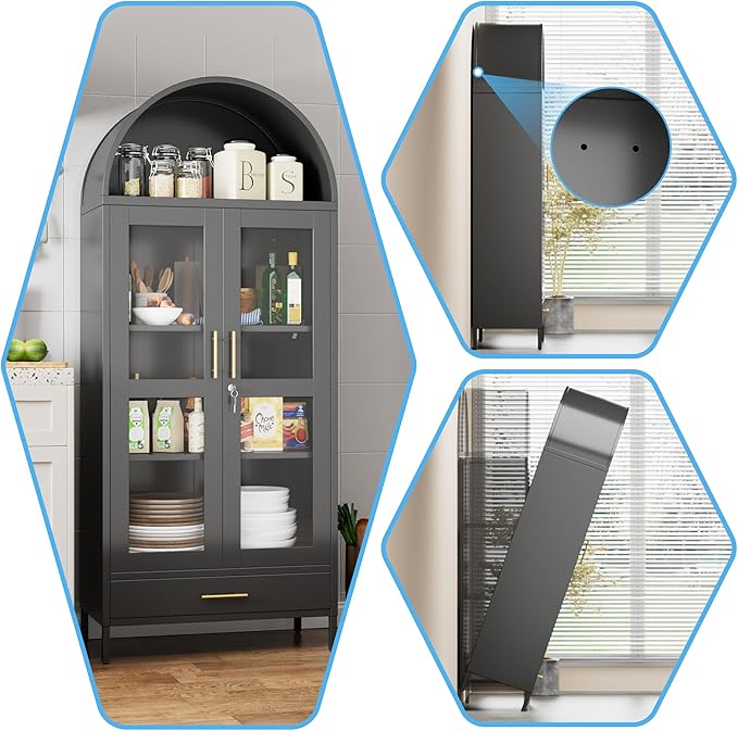Arched Cabinet with Glass Doors, Modern Kitchen Pantry Cabinet with 2