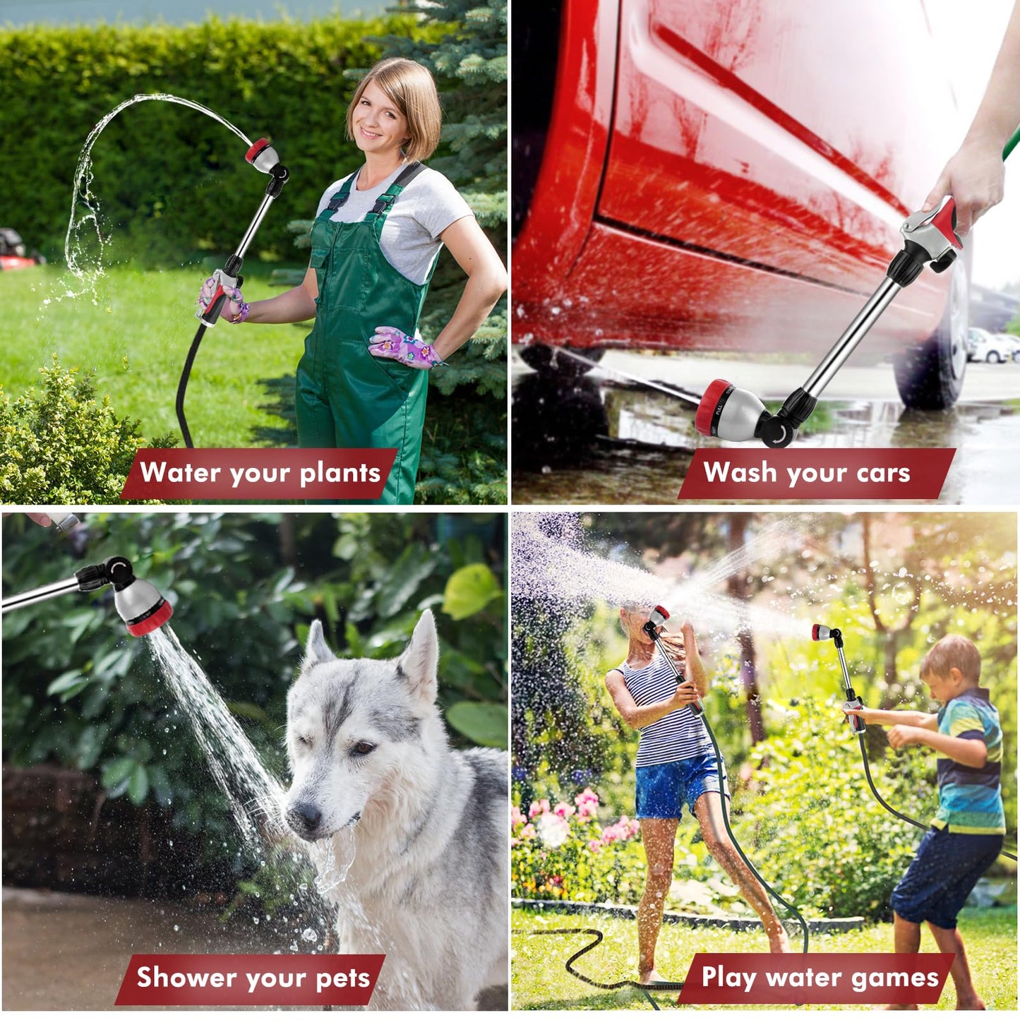 RESTMO Metal Watering Wand, Heavy Duty Garden Hose Wand with 180° Swivel Ratcheting Head, 16'' Hose Nozzle Sprayer with 7 Spray Patterns and Flow Control, for Water Hanging Baskets and Shrubs, Red