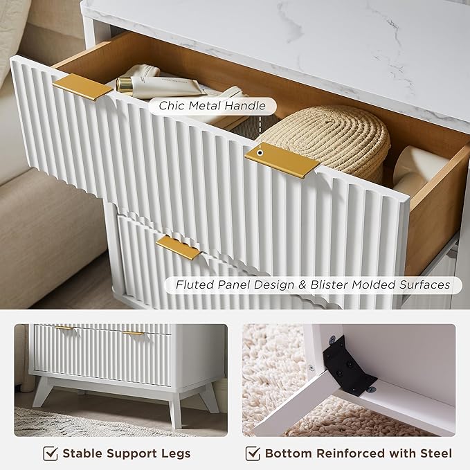 T4TREAM Fluted 3 Drawers Nightstand Set of 2, Oversized Extra Large Modern Side