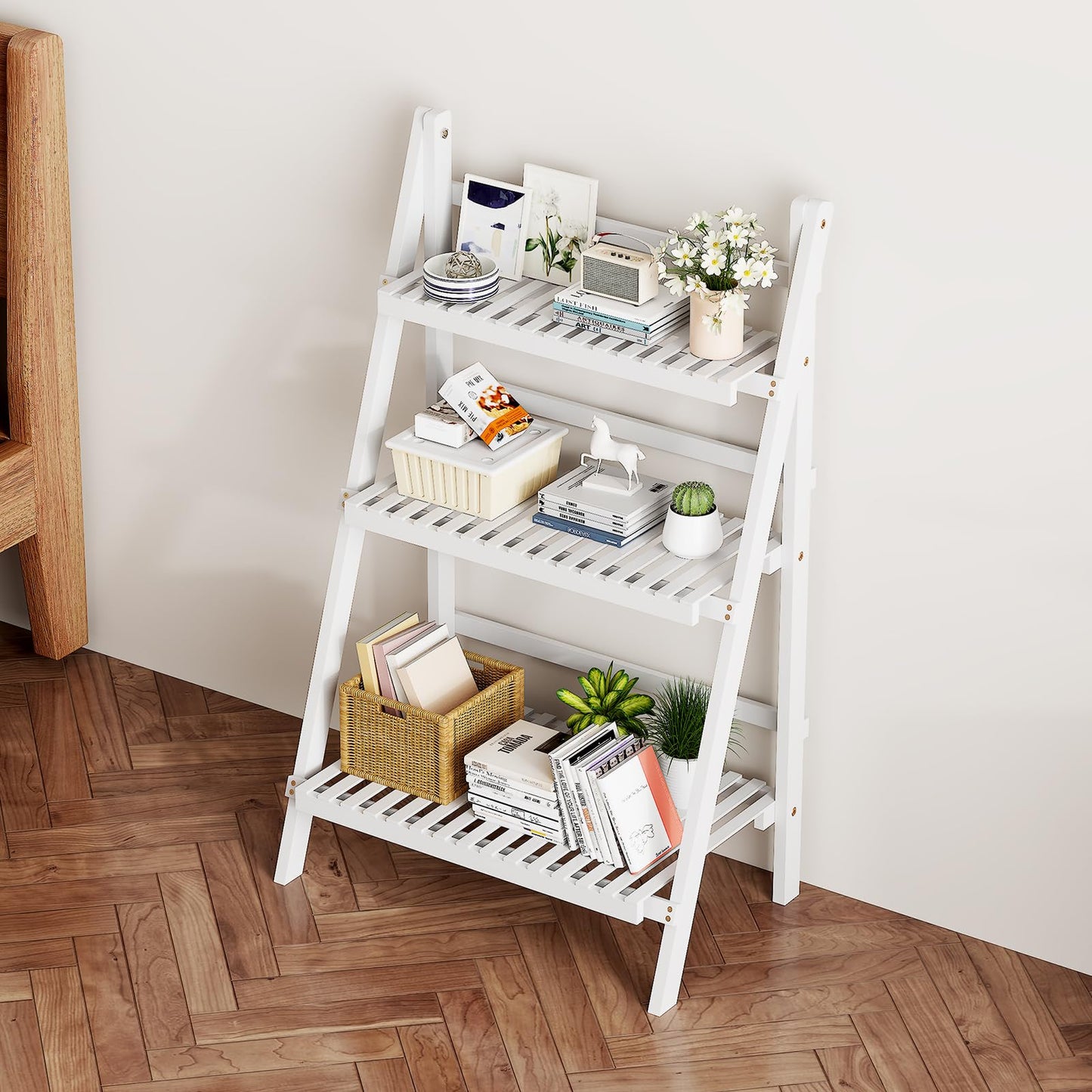 oakvivo Bamboo Bookshelf 3-Tier Ladder Shelf, 39.4” Freestanding Open Bookcase Book Shelf Bathroom Storage Shelf Unit Plant Stand for Small Space, Living Room, Bedroom, Home Office, White