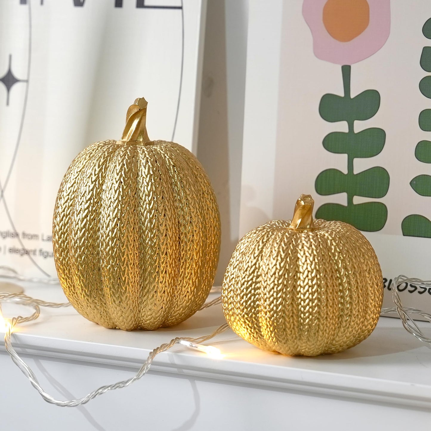 FESTGLOX Pumpkin Fall Decor Indoor - Gold Pumpkin for Decorating, 2Pcs Resin Pumpkins Decor with Woven Effect, Thanksgiving Table Centerpiece, Fireplace, Autumn Harvest Party Decorations