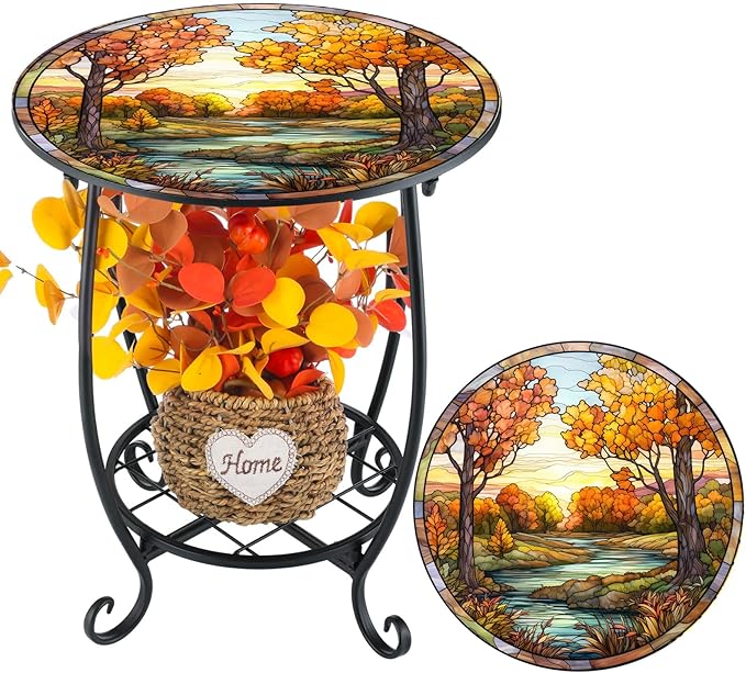 Cinnvoice Outdoor Side Table Round Small Mosaic Patio Accent Indoor End Plant
