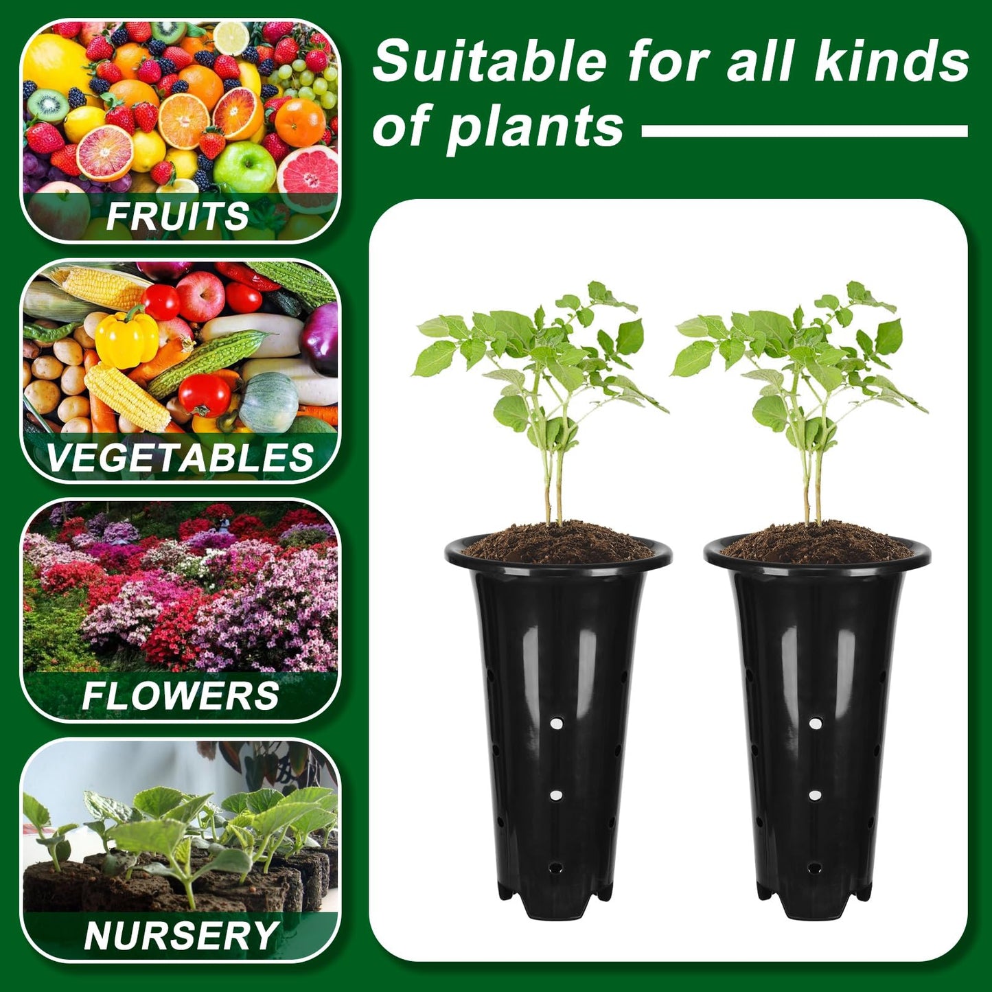 tchrules 15pcs Plastic Deep Plant Nursery Pots,8.66”Tall Tree Pots,Black Deep Seedling Container Pots with Drainage Holes for Indoor Outdoor Gardening (5.3" Wx8.66 H)