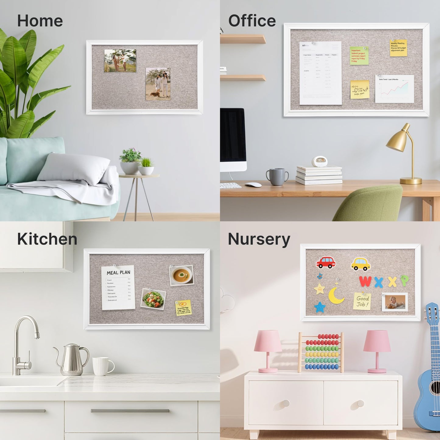 VUSIGN Linen Bulletin Board, 30'' x 20'' Large White Cork Board Decorations, Wall Mounted White Framed Cork Boards, Fabric Pin Boards for Walls with 10 Pushpins for Home, School, Office