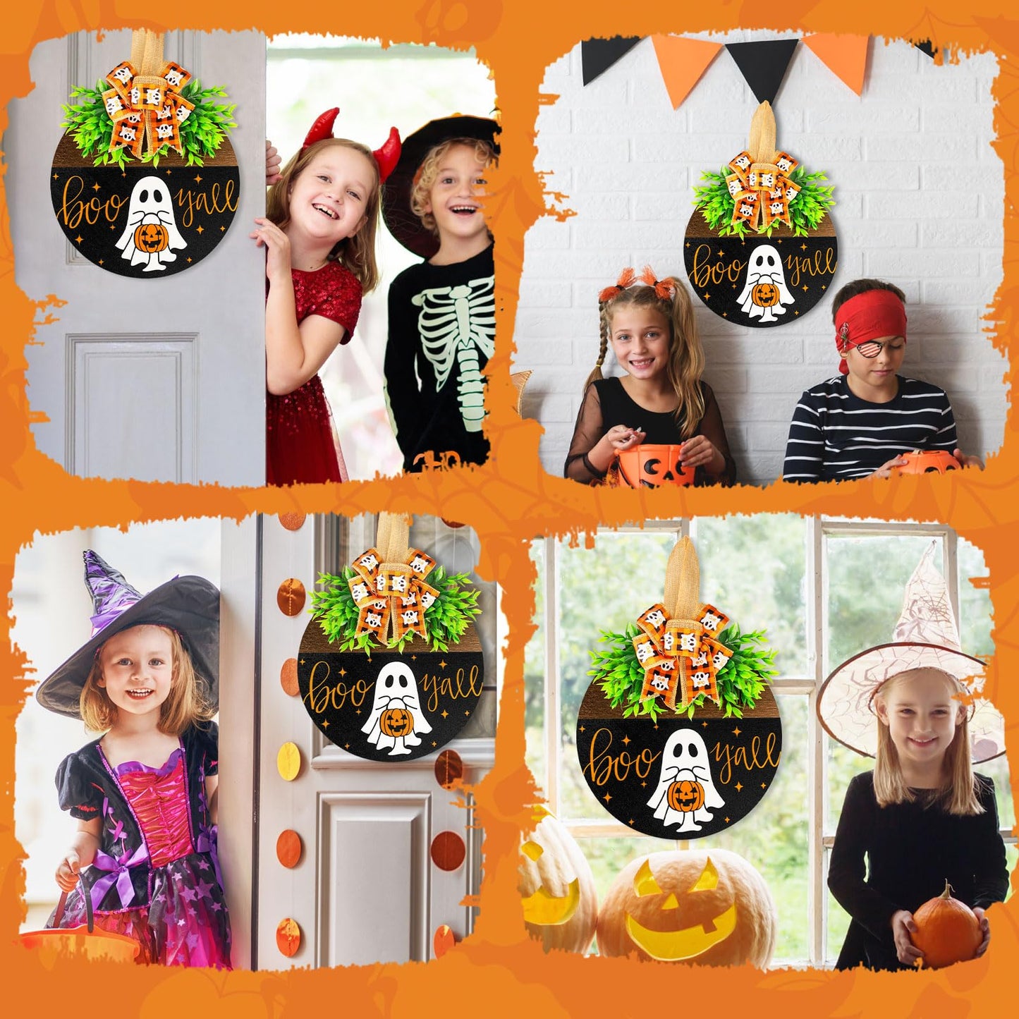 Halloween Wooden Welcome Sign for Front Door Hanging Spooky Ghost Boo Yall Sign with Bow Halloween Wooden Door Hangers Wreath for Farmhouse Home Window Outdoor Wall Party Decoration Supplies