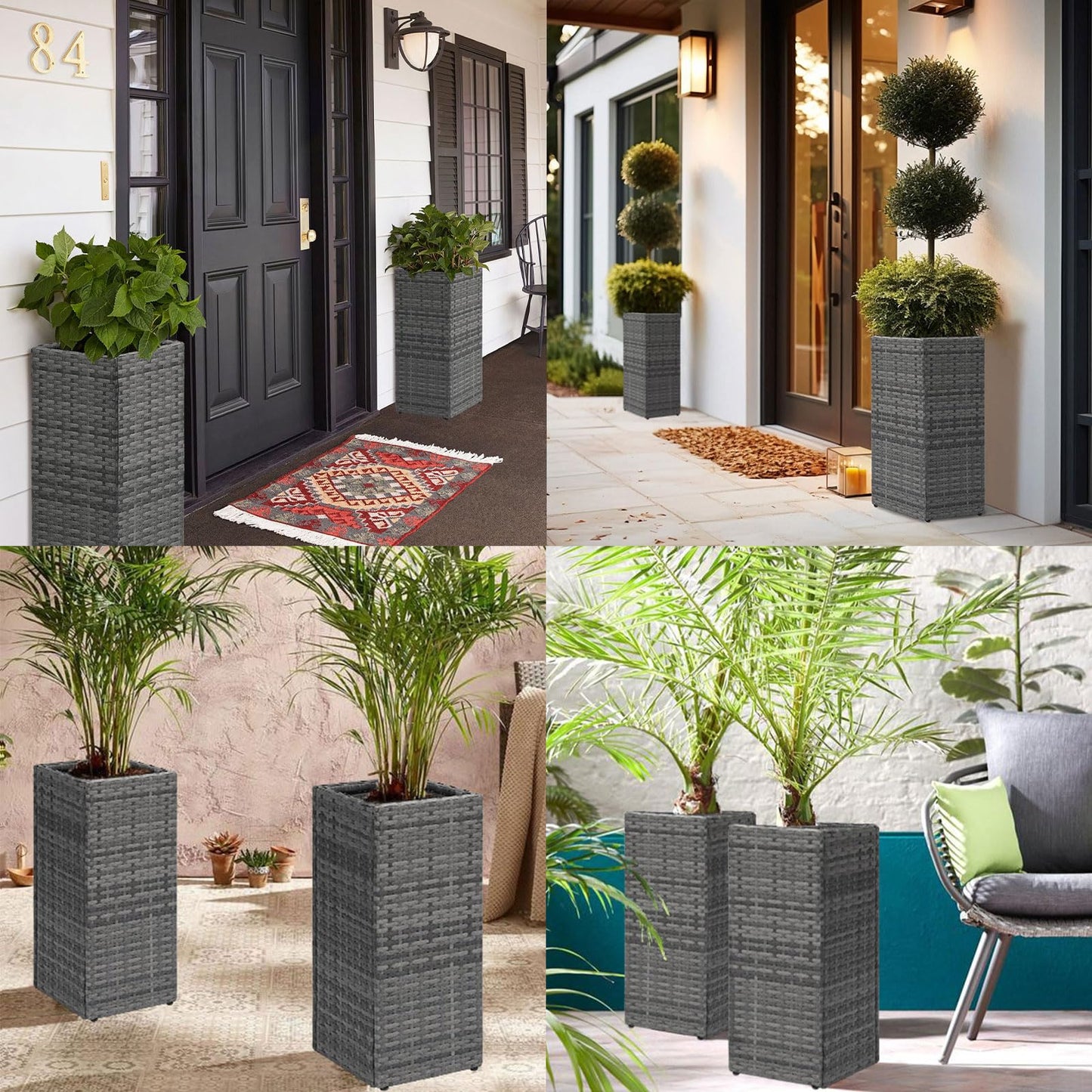 LEWIS&WAYNE Set of 2 Tall Planters for Outdoor Plants Handmade 24'' Wicker Tall Square Planter Box with Removable Liners Modern Planter for Indoor Outdoor Garden Patio Front Porch - Gray