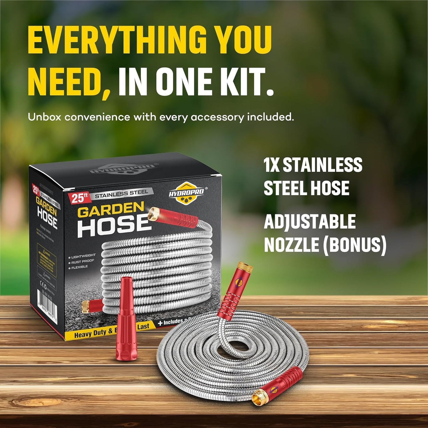 Stainless Steel Water Hose | Heavy Duty Metal Garden Hose with Nozzle | Kink Free, Anti Rust | Flexible and Lightweight Water Pipe for Gardening | Available in Different Sizes | HydroPro