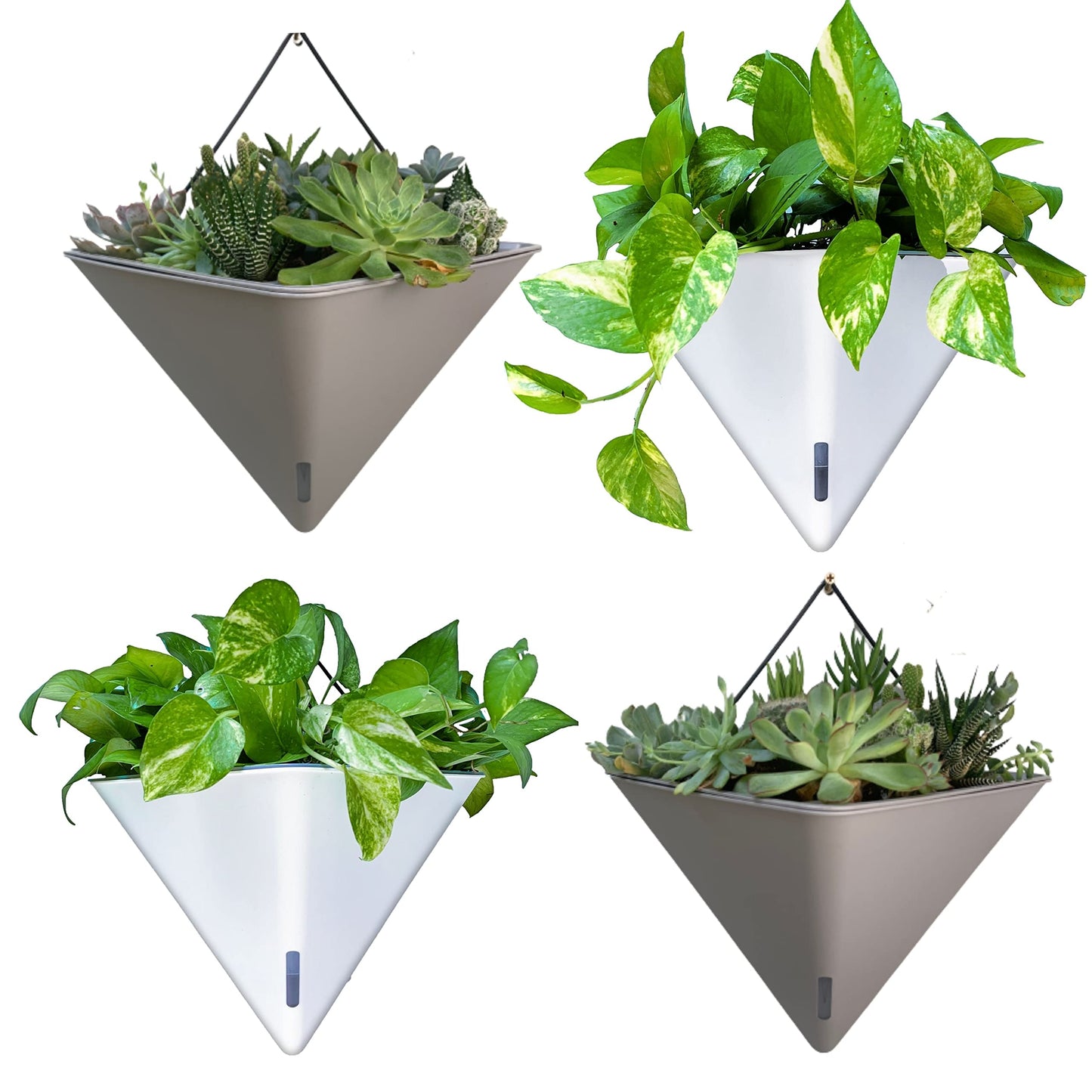 LaLaGreen Bundle - 12" x 4 Pack Black + 12" x 2 Pack Gray + 12" x 2 Pack White Large Self Watering Geometric Hanging Flower Vase Vessel with Metal Hanger, Modern Stylish Wall Mounted Succulents Pots
