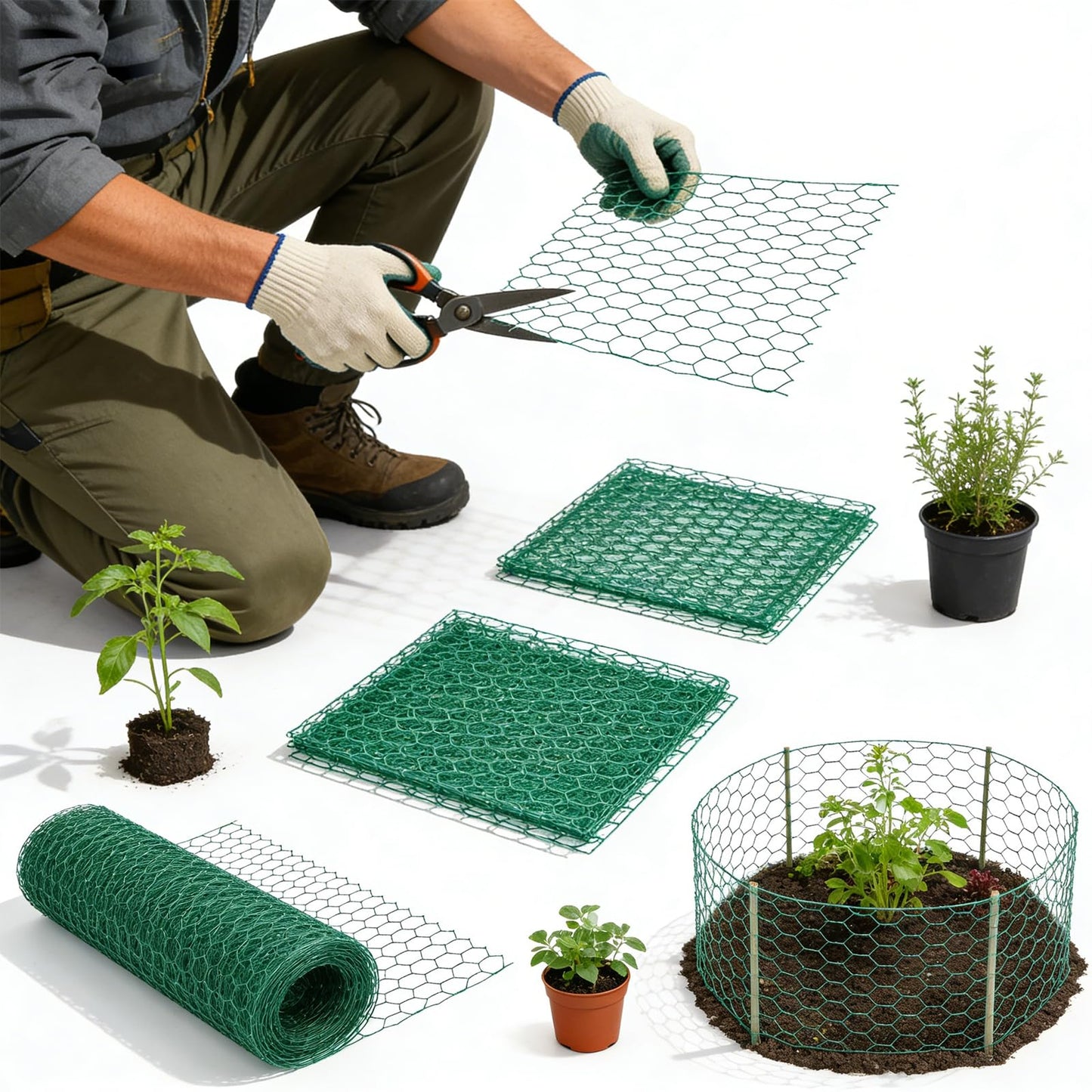 Chicken Wire Mesh,16.4 Ft x 15.4In Plant Protectors from Animals,Coated Green Chicken Wire Mesh,Stakes,Pliers,Gloves,Outdoor Anti-Rust Garden Animal Barrier Fence for Chicken Coop Barrier Rabbit Cage