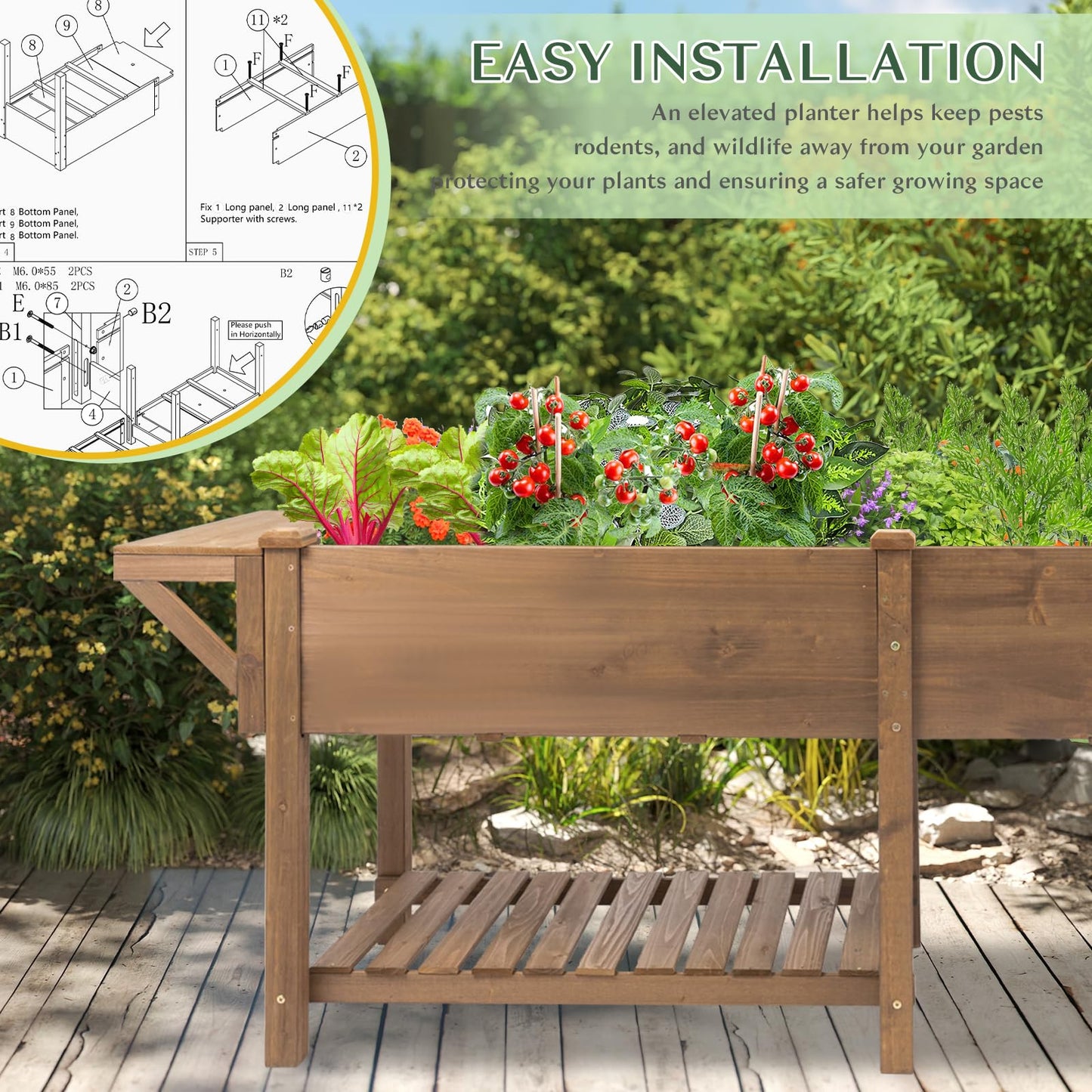 Raised Garden Bed Outdoor with Legs, 81"x 23" x 31" Elevated Wood Planter Box Stand for Backyard Patio, Garden Flower Beds with Liner Hooks Divider Panel Drainage Holes, Gift for Gardening, Brown