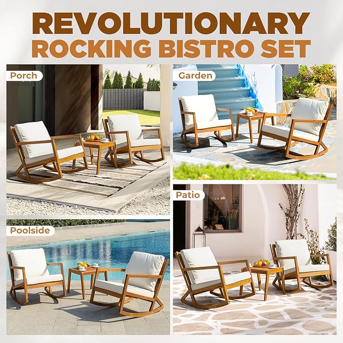 IDZO Rocking Chairs Design Heavy Duty 400lbs Capacity Wood Patio Bistro Set 3