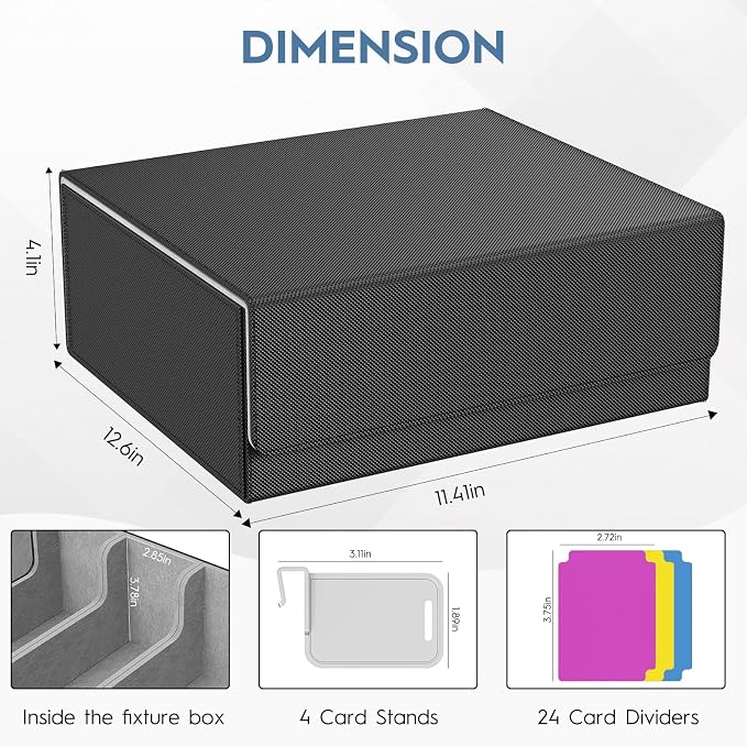 Trading Card Storage Box, 3200+ MTG Card Storage, 4 Row TCG Card Organizer Box with 24 Colorful Dividers and 4 Stands, Bulk PKM Storage, Deck Case Holder Fits for YuGiOh, Game Cards (Black & Gray)