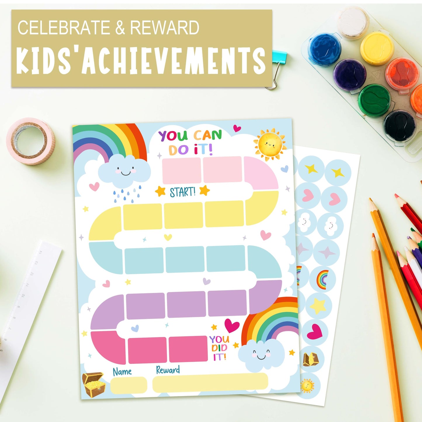 10 Rainbow Reward Chart with 216 Round Stickers, Incentive Behavior Chart for Kids at Home Classroom, Kids Routine Daily Chore Sticker Chart-A10