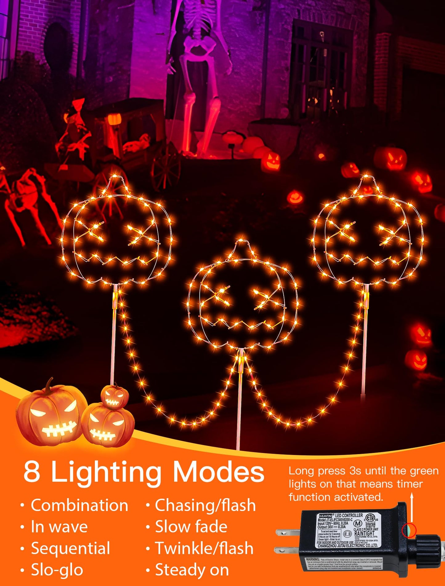 Qunlight Halloween Walkway Lights,163LED Outdoor Pumpkin Decorations Light Plug in,Timer 8 Modes Garden Stake String Lights for Pathway,Fence,Patio,Yard,Party,Halloween Decor-Orange