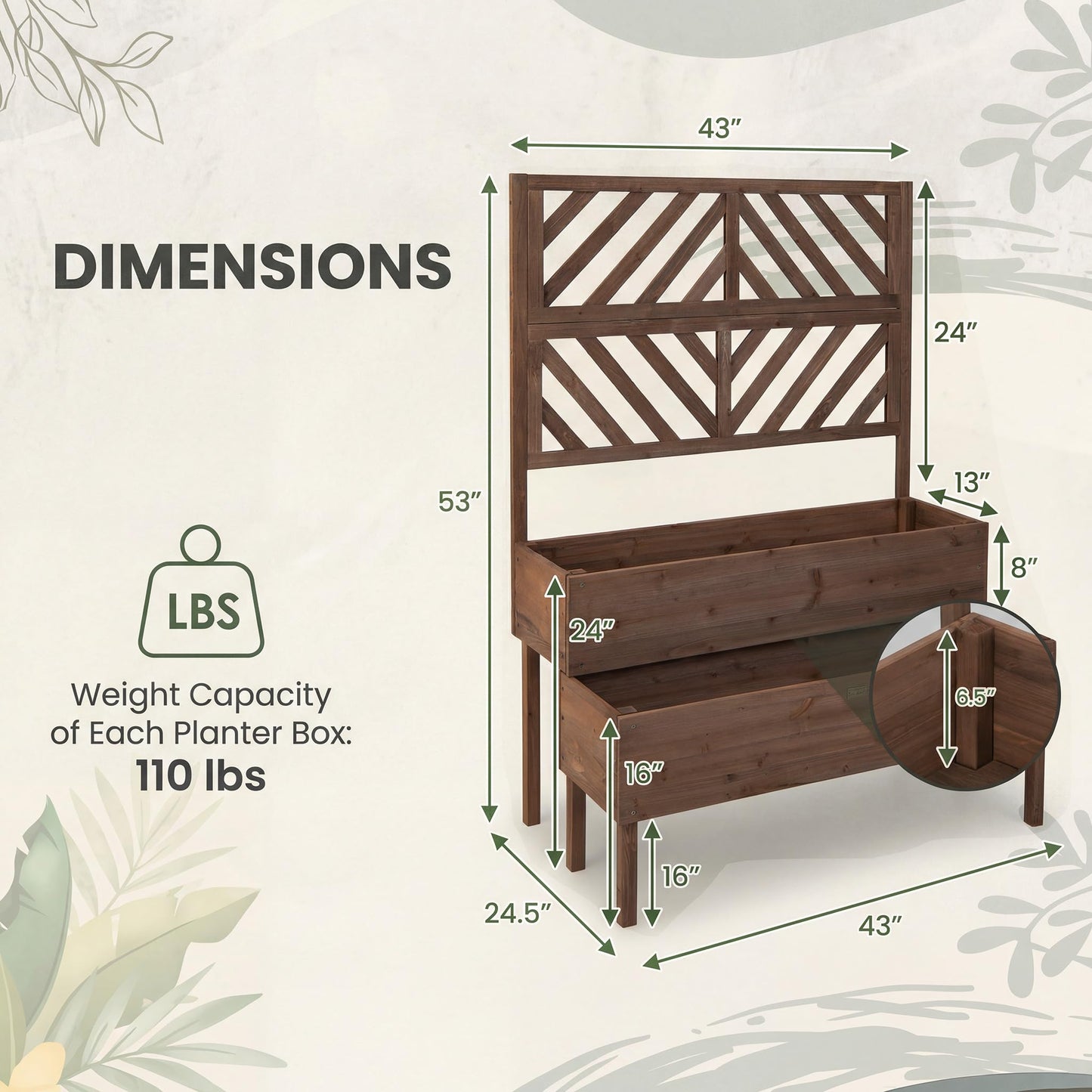 Giantex Raised Garden Bed with Trellis, 2-Tier Standing Planter Box with Legs and Drain Holes, Outdoor Elevated Garden Trellis for Vine Climbing, Flower Vegetable Fruit Herb Growing, Coffee Brown