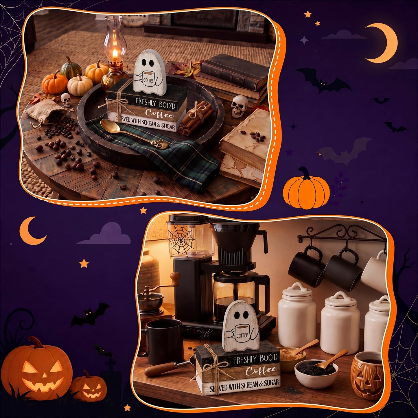 Anglechic 4 Pcs Halloween Table Decorations Halloween Ghost Tiered Tray Decorations Rustic Mini Ghost Coffee Wooden Books Centerpiece Signs for Farmhouse Office Shelf Tabletop Office Bookshelf
