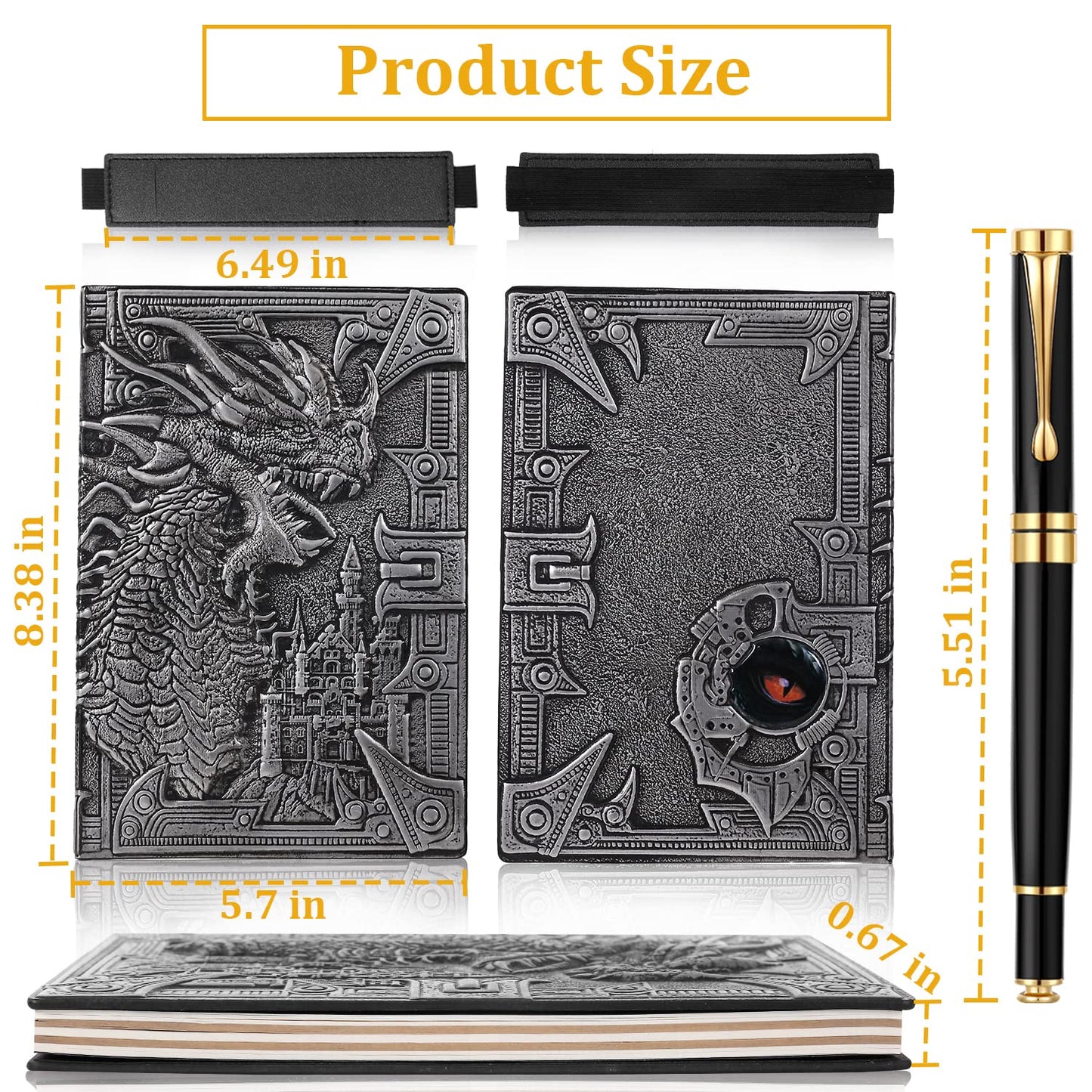Vintage Dragon Embossed Leather Notebook DND Notebook Travel Journal with Black Ballpoint Pen and Pen Sleeve.Antique Handmade A5 Journal,Hardcover Liner,Writing Notebook Gift for Men&Women(Silver)