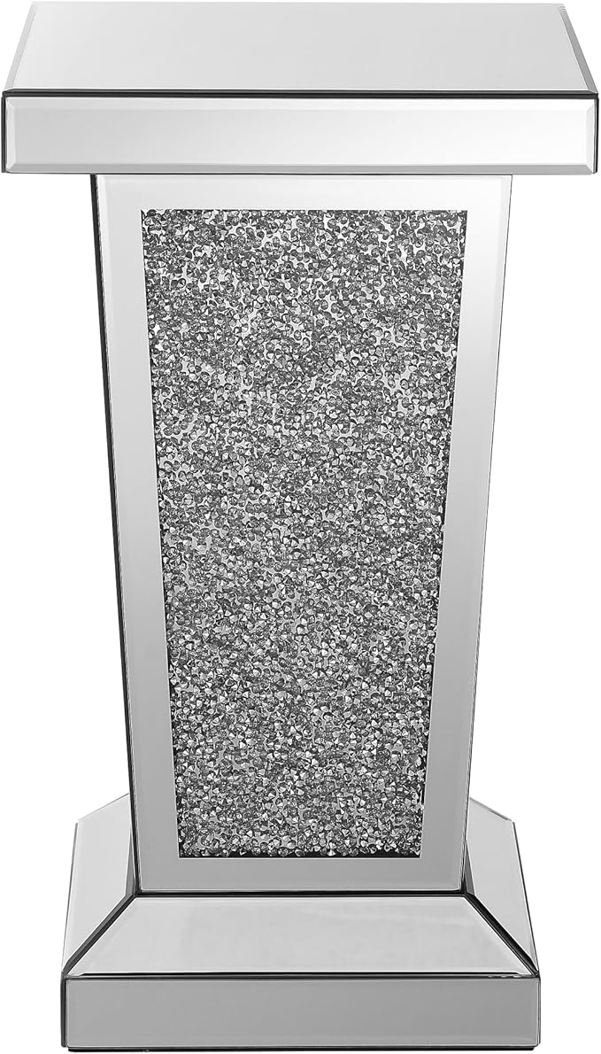 Silver Mirrored End Table with Crystal, Modern Side Accent Table, Square Small
