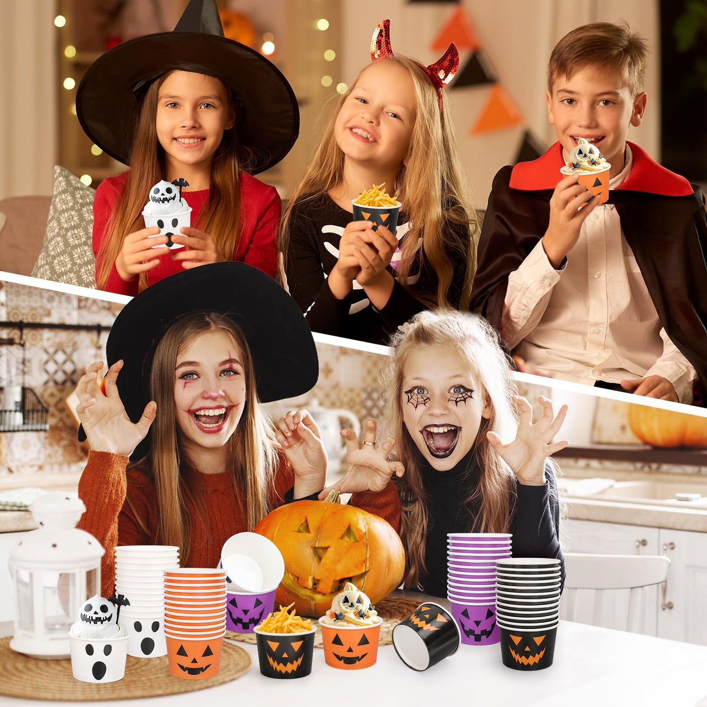 48 Pcs Halloween Treat Snack Cups Pumpkin Ghost Disposable Paper Bowls 9 Oz Paper Cups Dessert Ice Cream Bowls for Trick or Treat Birthday Movie Party Favor Supplies