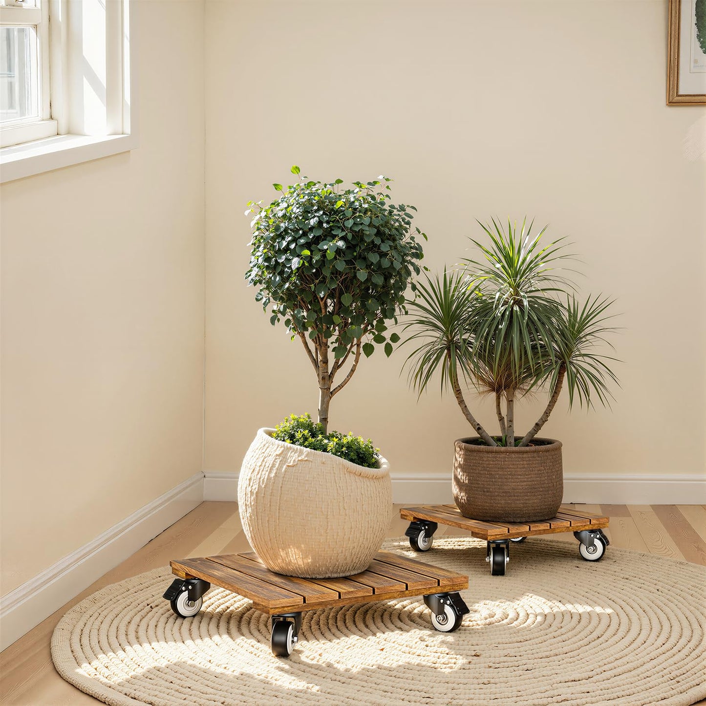 Idzo 2-Pack 12 Inch Acacia Wood Rolling Square Plant Caddy for Plant Pots, Heavy Duty Plant Stand with 360° Lockable Wheels, 264 lbs Capacity Caddy for Indoor and Outdoor Use, Natural Wood