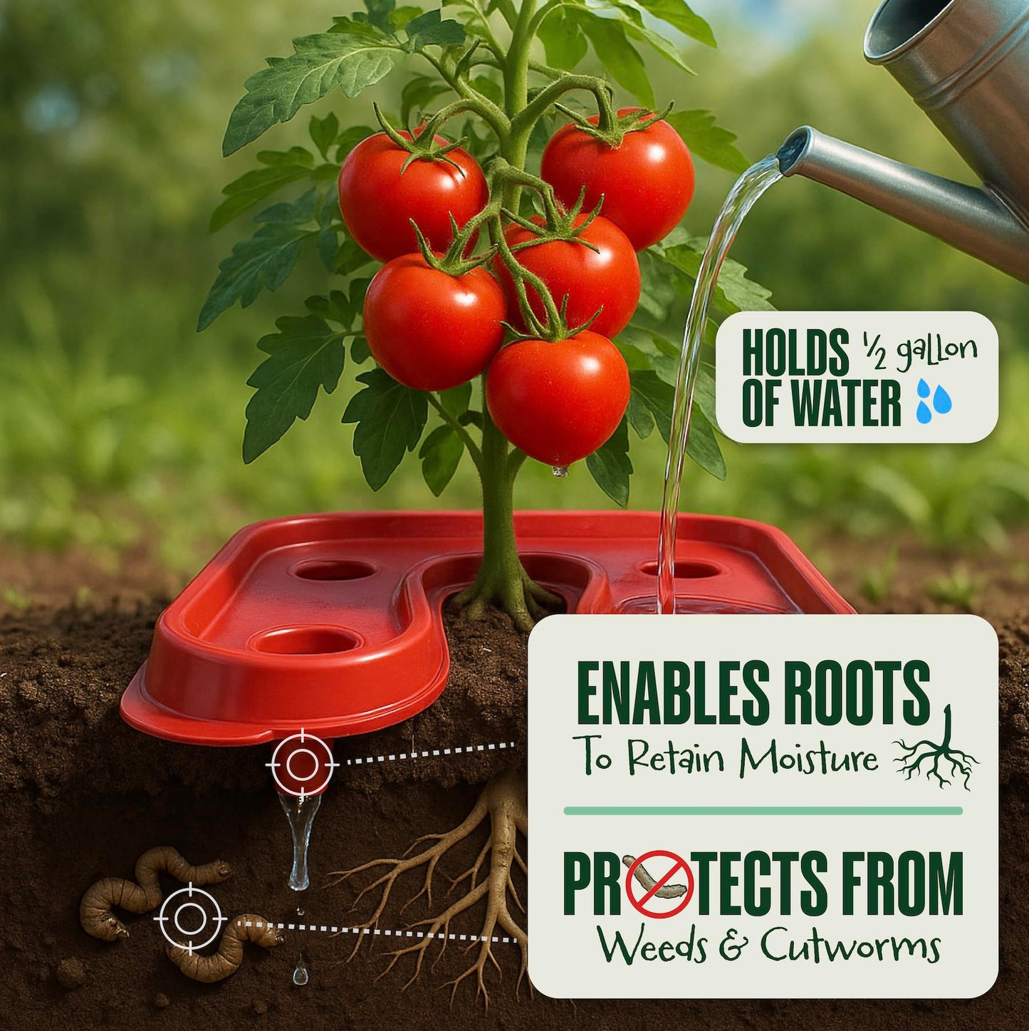 Dalen Automator Tomato Growth Trays with Reflective Surface and 0.5 Gallon Water Reservoir, 3-Pack, 12 x 12 inches - Root Watering Basin with Fertilizer Spikes - Red