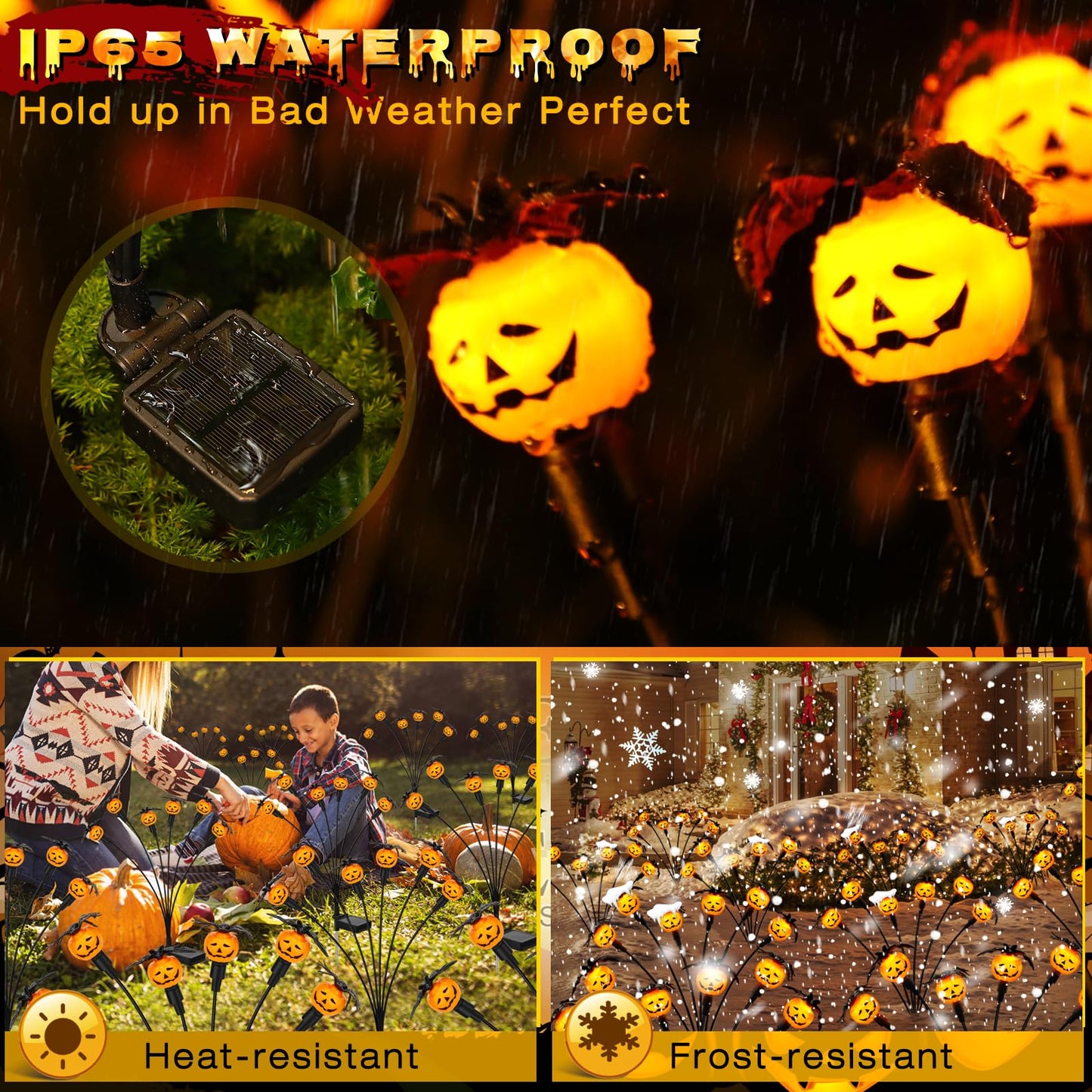 Weepong Halloween Decorations Outdoor 2 Pack Solar Lights, 12 LED Scary Pumpkin Swaying Firefly Lights with Spider & Bats for Outside Garden Yard Lawn Grave Cemetery Ghost Decor Party, Orange