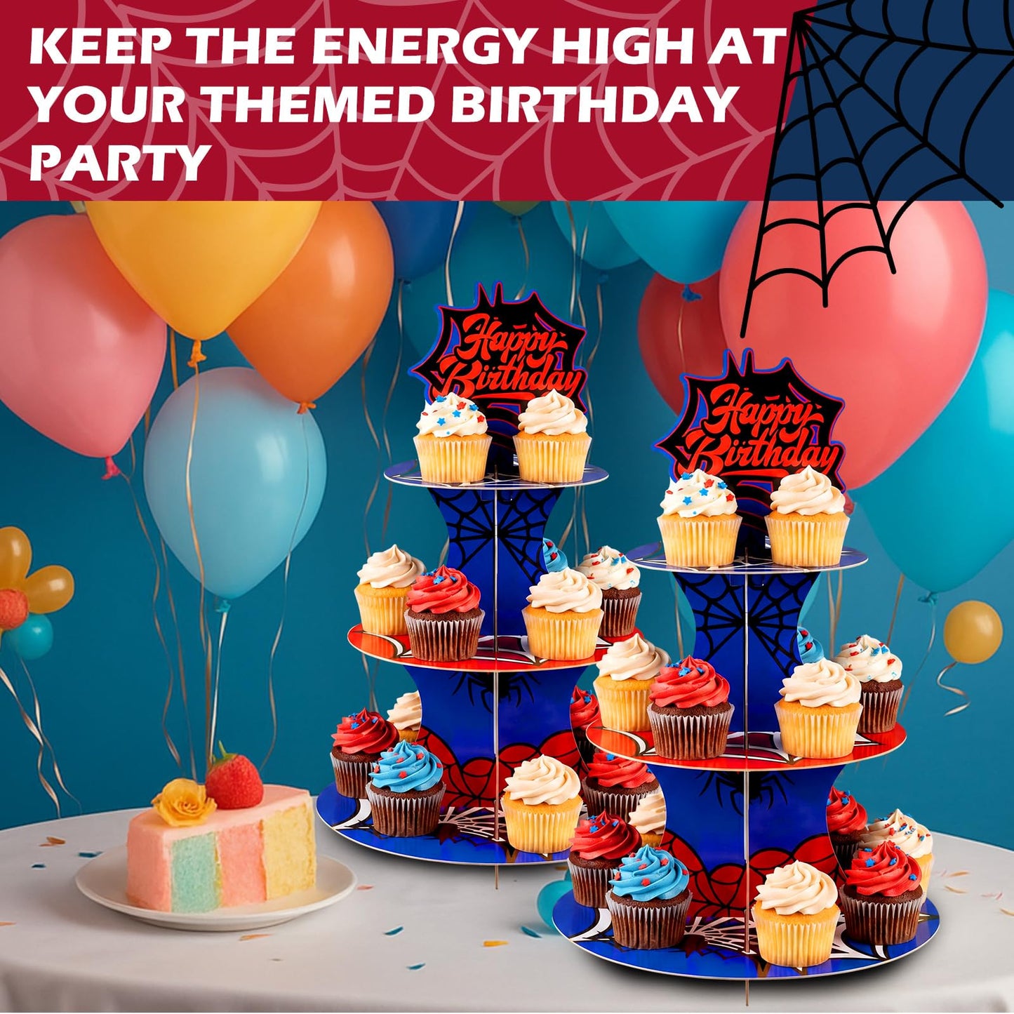 Acellegic 2 Pack Spider Cupcake Stand 3 Tier Spider Web Birthday Party Decorations Cupcake Stand Toppers Display Dessert Holder for Birthday Party Supplies