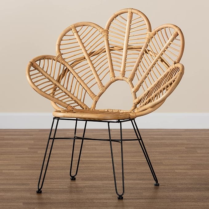 bali & pari Garan Modern Bohemian Natural Rattan and Black Metal Accent Chair