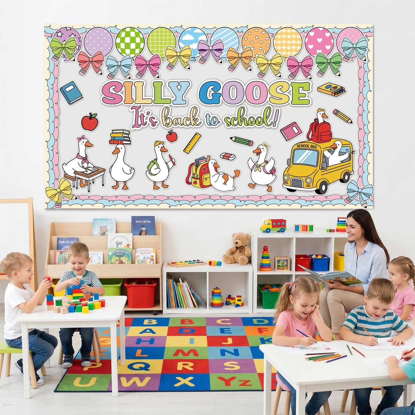 Gersoniel 70 Pcs Silly Goose It's Back to School Bulletin Board Set Goose Bow Book Pencil Banner DIY Paper Cutout for First Day of School Birthday Party Classroom Chalkboard Wall Decorations