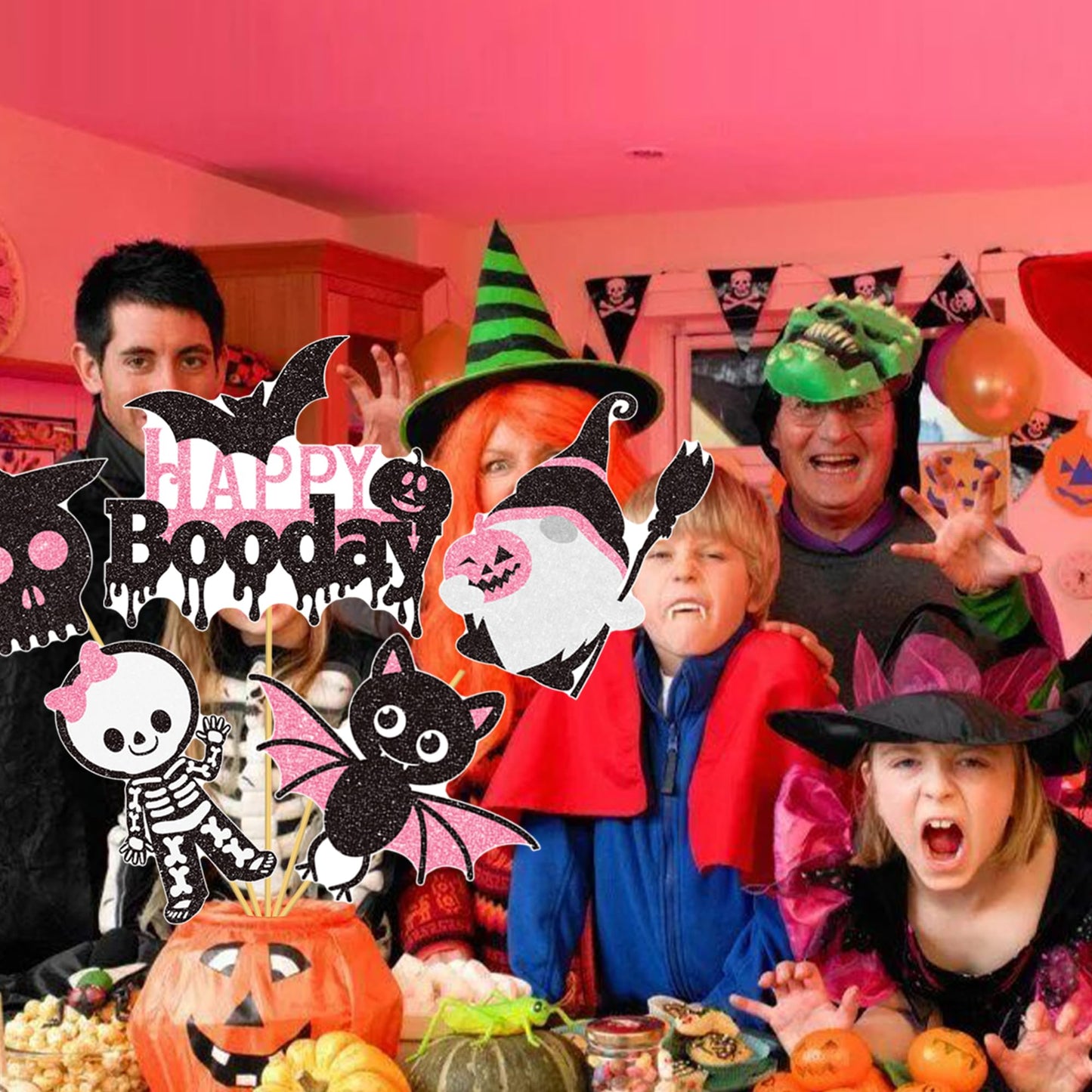 Halloween Happy Boo Day Party Decorations 24PCS Pink Black Pumpkin Ghost Centerpiece Sticks Happy Boo Day Table Toppers Halloween Birthday Party Supplies for Little Boo Baby Shower Decor