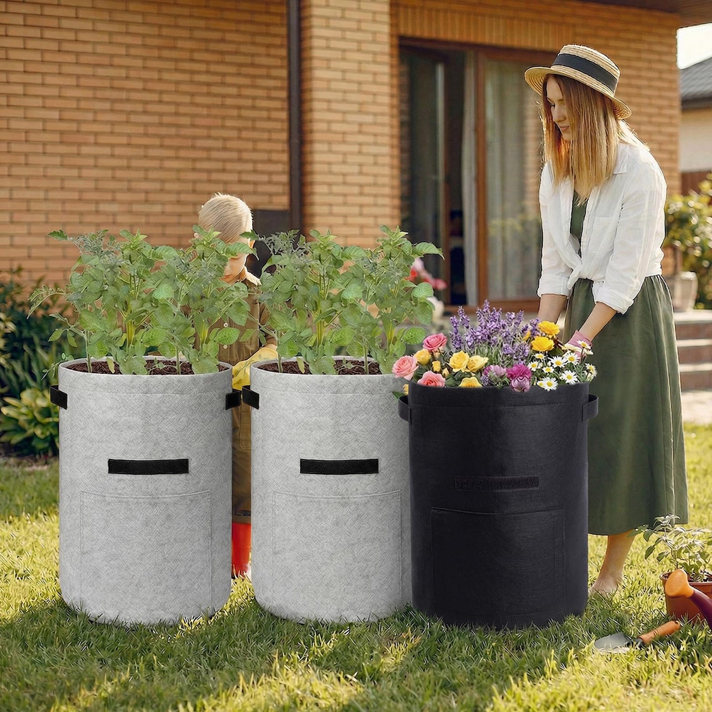 Homyhoo Potato Grow Bags with Flap 10 Gallon, 4 Pack Planter Pot with Handles and Harvest Window for Potato Tomato and Vegetables, Black and Gray