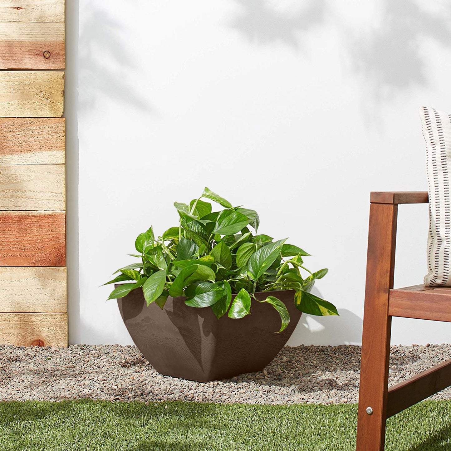 PSW Pot Collection 12x6 inch Plastic/Stone/Wood Composite Square Planter – No Drainage Hole (Drillable), Modern Indoor/Outer Pot for Flowers, Foliage, Succulents, Fairy Gardens, Chocolate